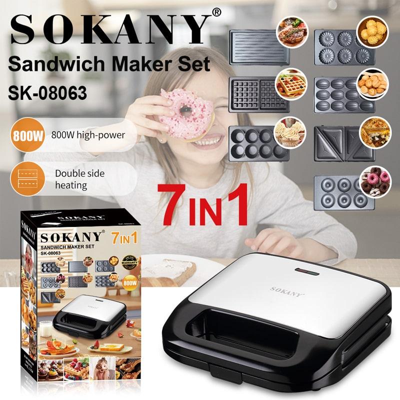 NEW ARRIVAL !!! SOKANY SK-B907 7-in-1 Electric Breakfast Maker Machine 750W Sandwich Toaster Panini Grill Waffle & Donut Maker with Removable Plates - Black