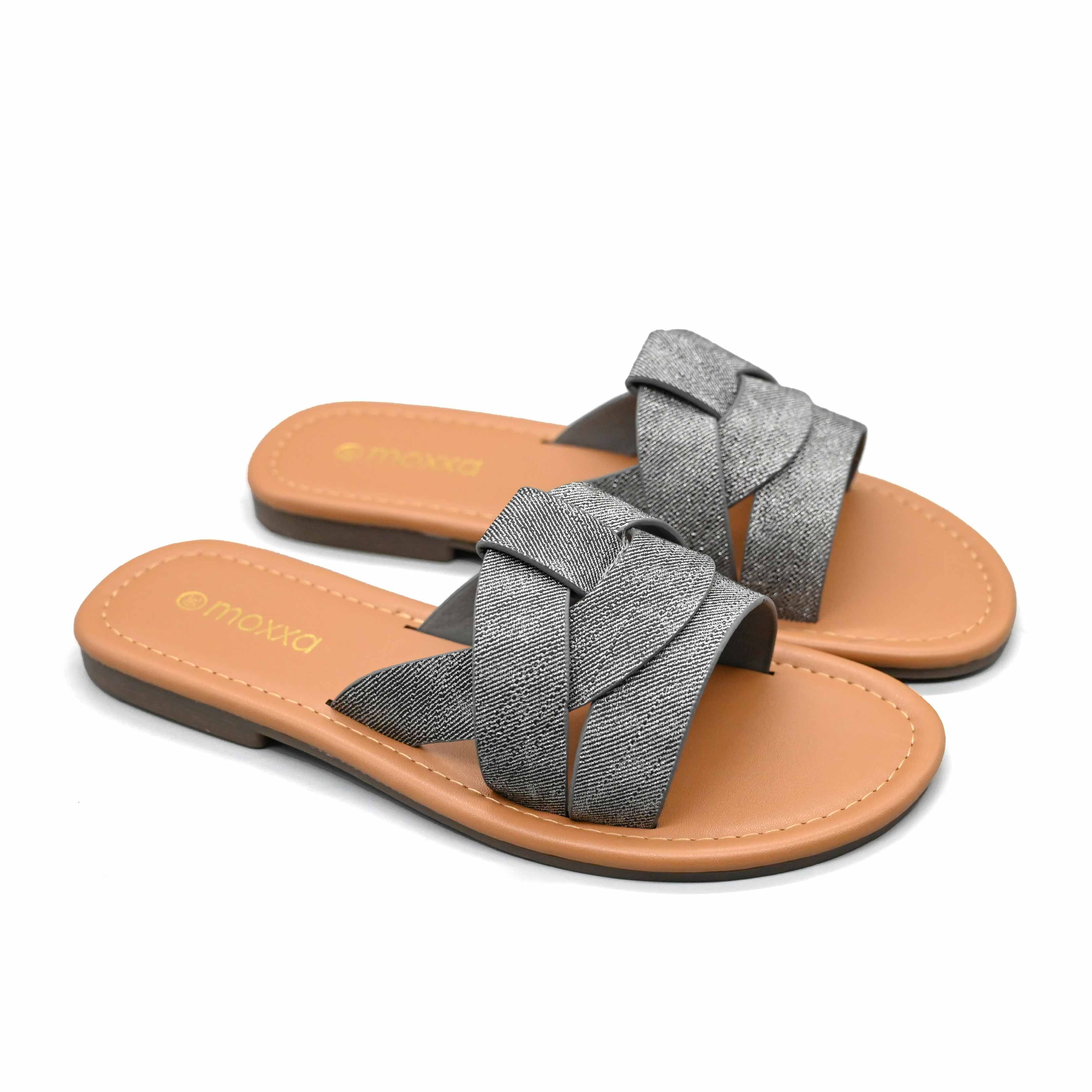Moxxa Elena Women's Crisscross Strap Flat Sandals – Metallic Slip-On Casual Sandals