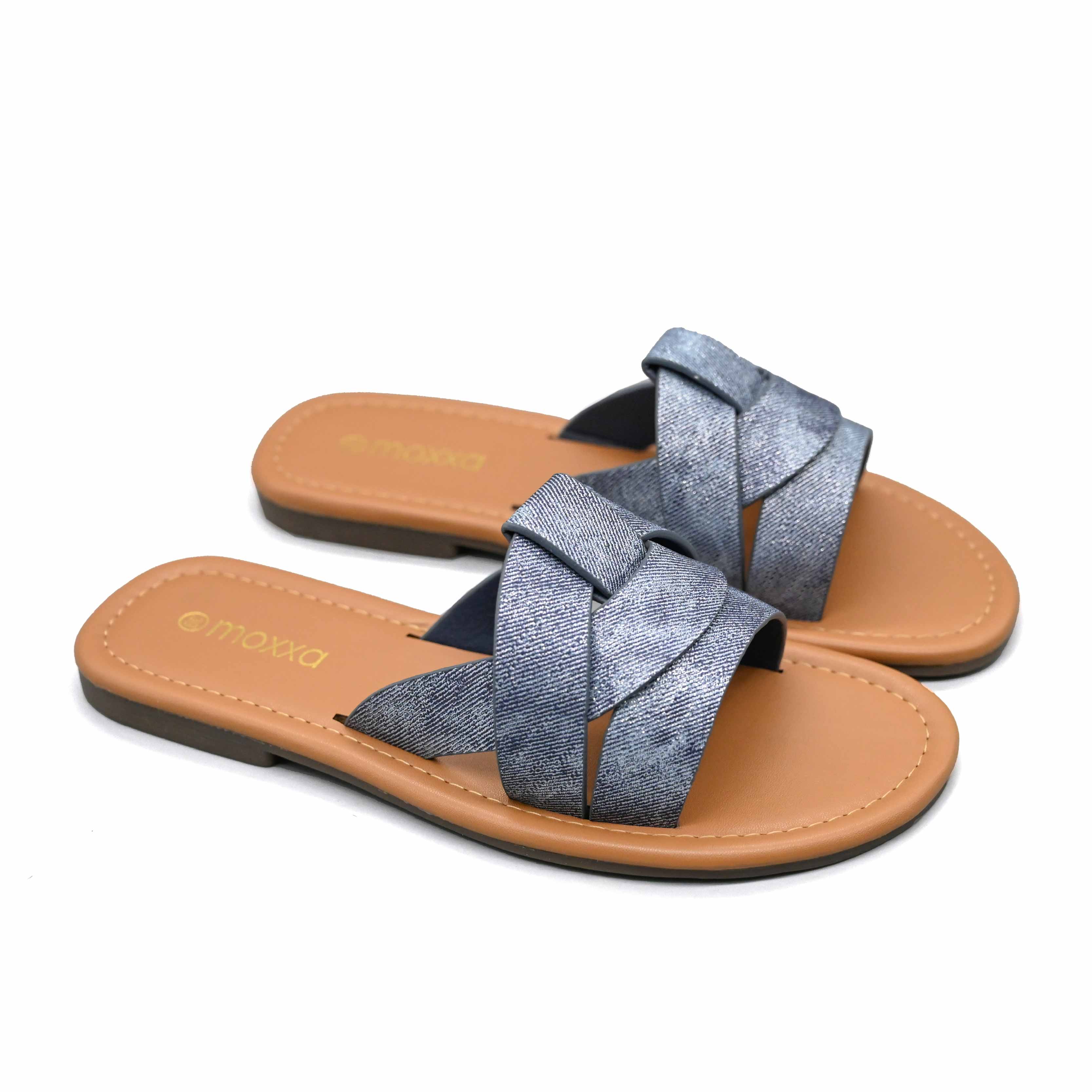 Moxxa Elena Women's Crisscross Strap Flat Sandals – Metallic Slip-On Casual Sandals