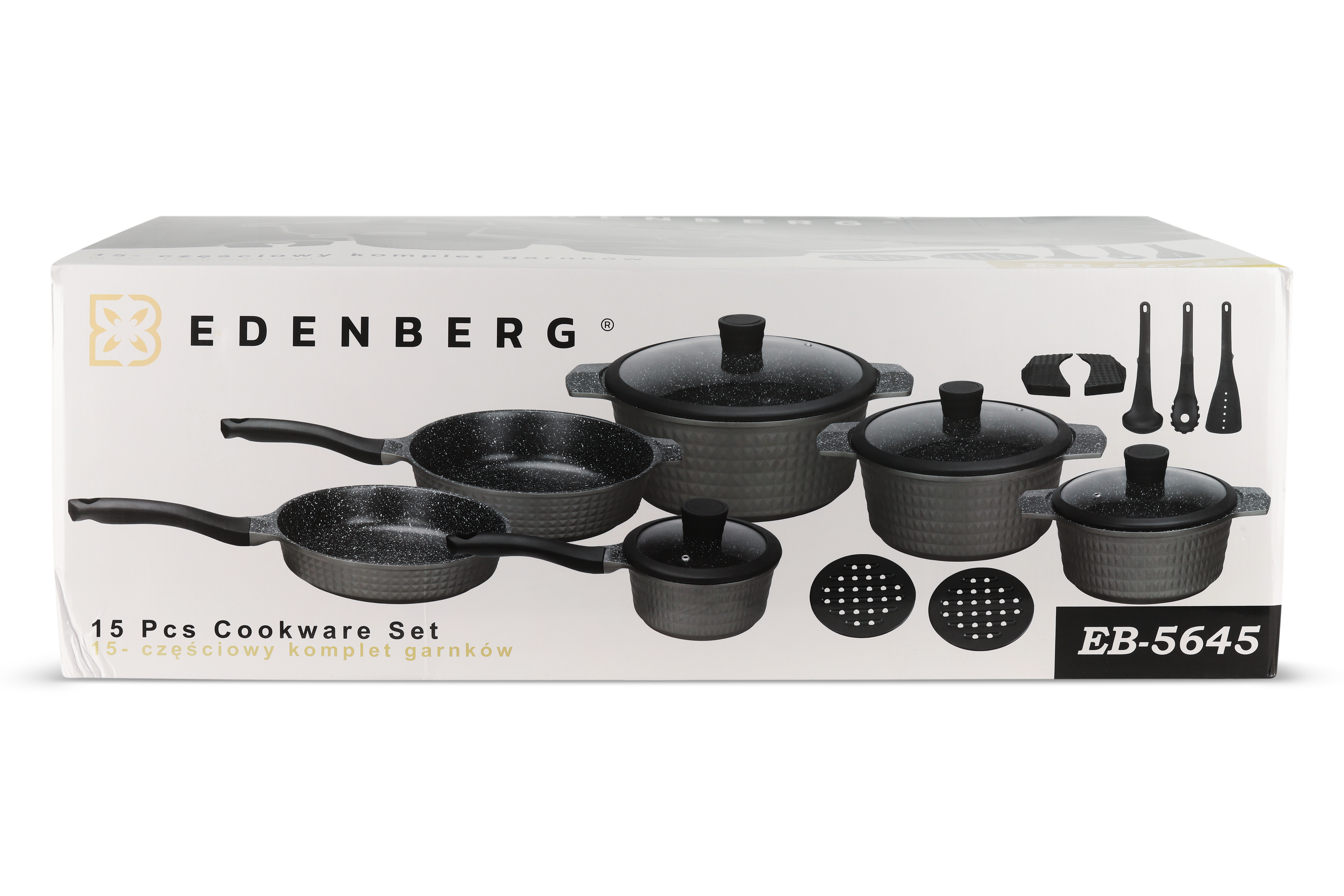 Edenberg EB-5645 15-Piece Diamond Embossed Ceramic Cookware Set | PFOA-Free Non-Stick | Induction Ready | Detachable Handles