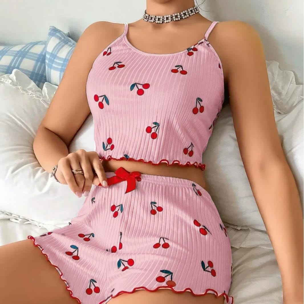 LATEST New arrivals Comfortable Cherry Print Two - Piece  Sleepwear Pajama Set.