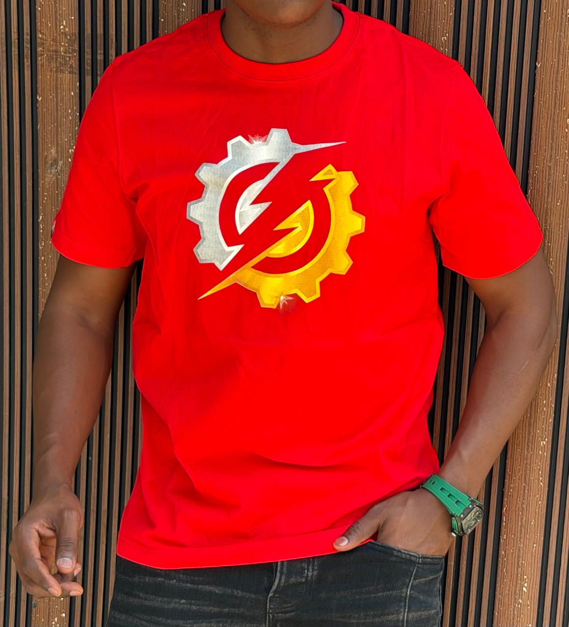 LATEST New Arrival Unisex Fashionable Trendy  Cotton Classic Classy Graphic Cotton T-Shirt with a split-color gear and lightning bolt emblem across the chest.