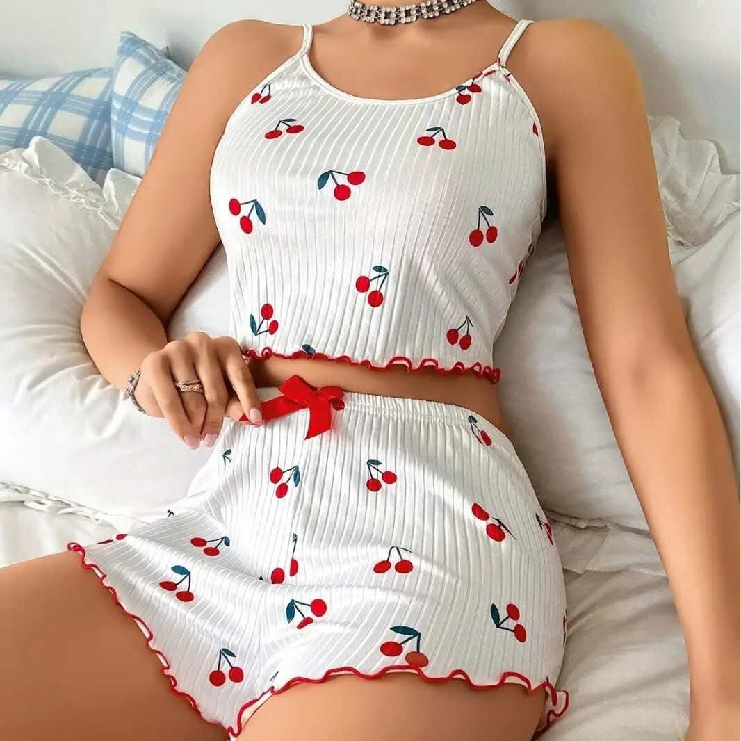 LATEST New arrivals Comfortable Cherry Print Two - Piece  Sleepwear Pajama Set.