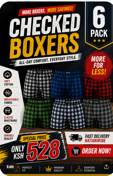 6 Pcs Premium Men’s Checked Cotton Boxers – Soft, Breathable, Mid-Waist Comfort Underwear