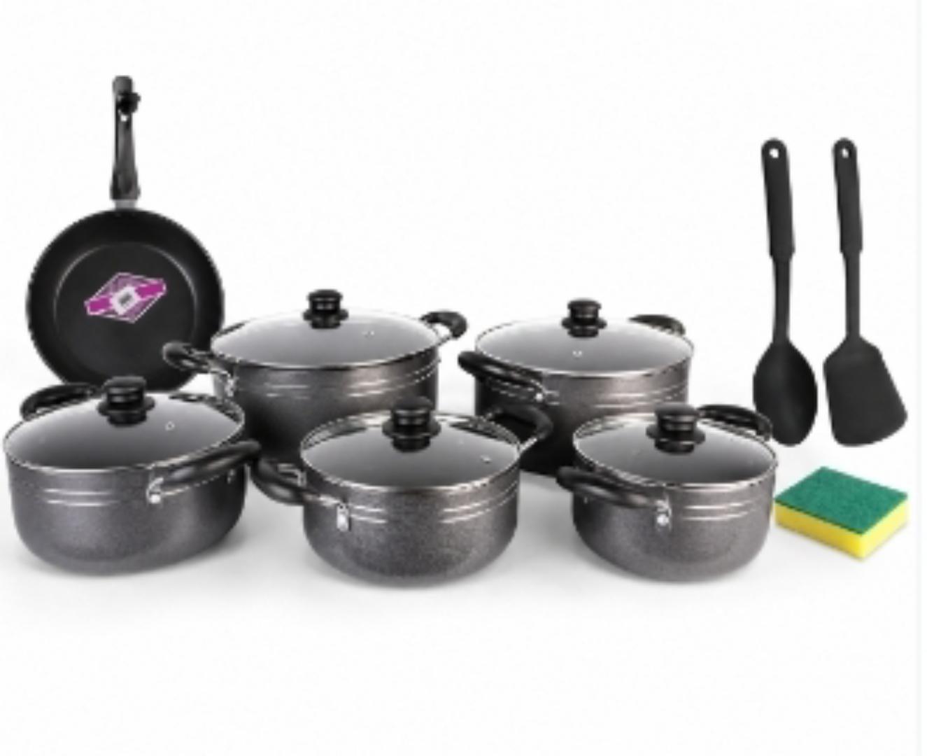 TC 14pc Black Cookware set, Sizes 20/22/24/28/30,Flying pan 26cm,Two cooking spoon and a scotch Bright.,