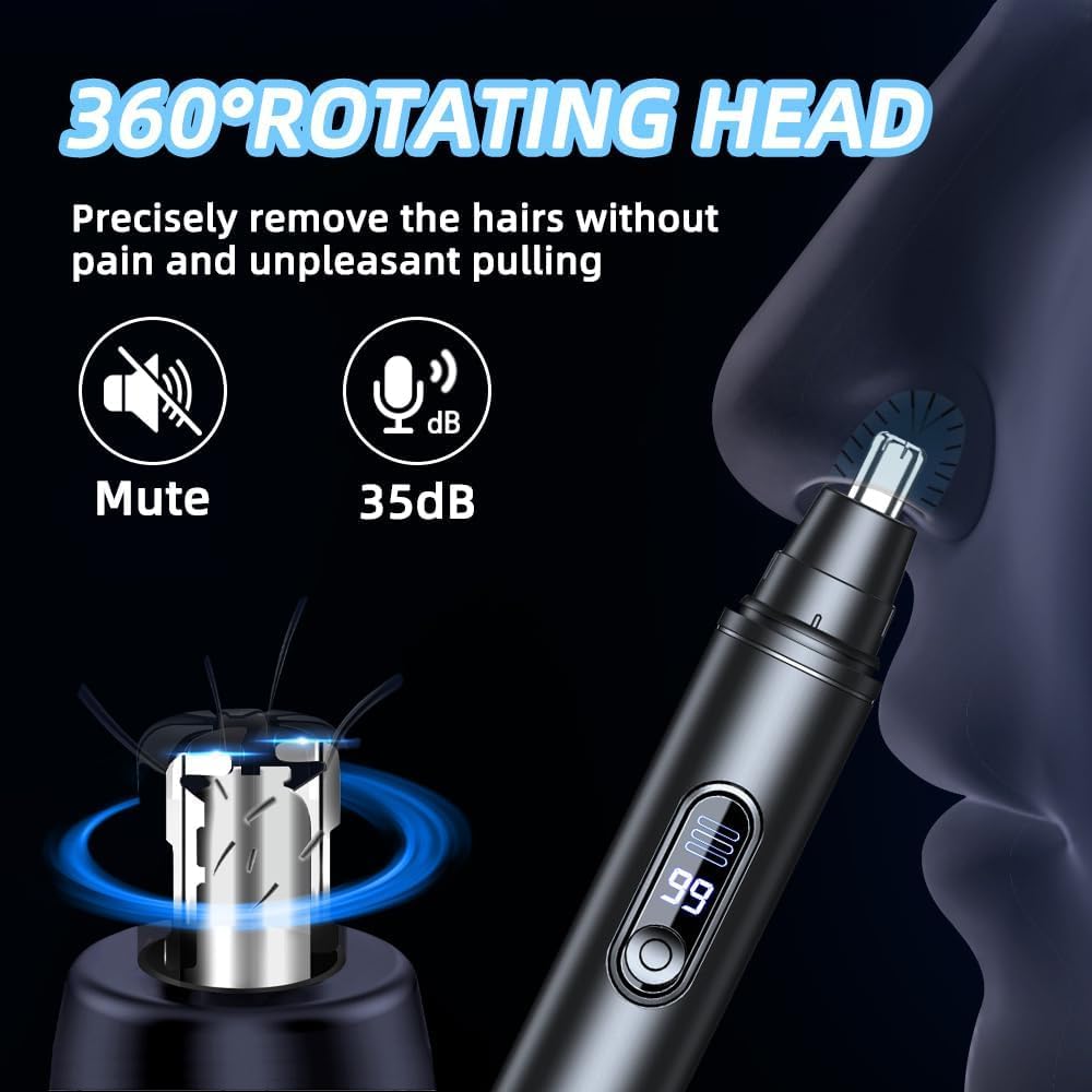 USB Rechargeable Nose Hair Trimmer for Men Women with LED Display Ear Nose Trimmer Clipper IPX7 Waterproof Dual Edge Blades Safe Painless Grooming Tool Easy Cleaning Portable Remover Kit