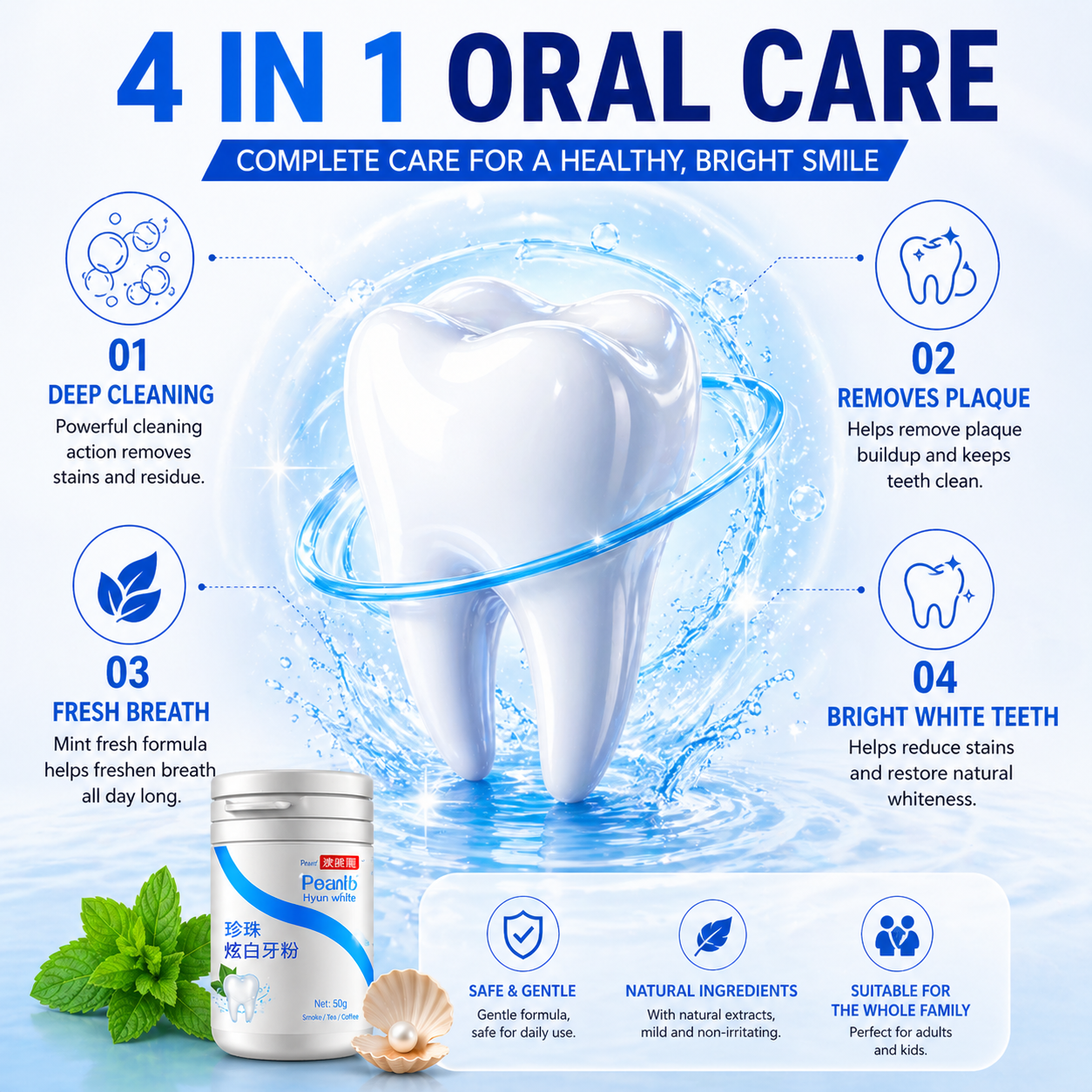 50g Teeth Whitening Powder Remove Plaque Smoke Tea Coffee Stains Tooth Cleaning Powder Fresh Breath Oral Care Tooth Polish Whitener Dental Cleaning Powder for Yellow Teeth Stain Removal Tool