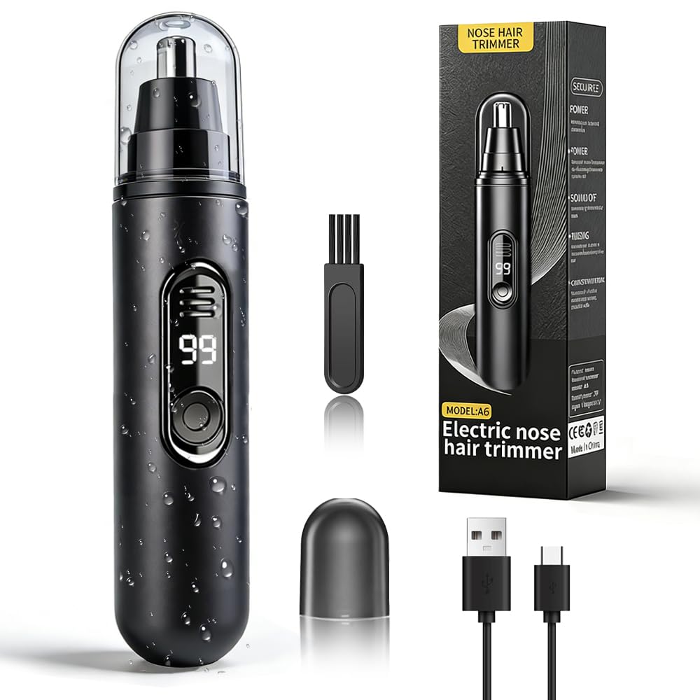 USB Rechargeable Nose Hair Trimmer for Men Women with LED Display Ear Nose Trimmer Clipper IPX7 Waterproof Dual Edge Blades Safe Painless Grooming Tool Easy Cleaning Portable Remover Kit