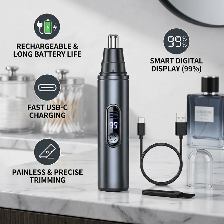 USB Rechargeable Nose Hair Trimmer for Men Women with LED Display Ear Nose Trimmer Clipper IPX7 Waterproof Dual Edge Blades Safe Painless Grooming Tool Easy Cleaning Portable Remover Kit