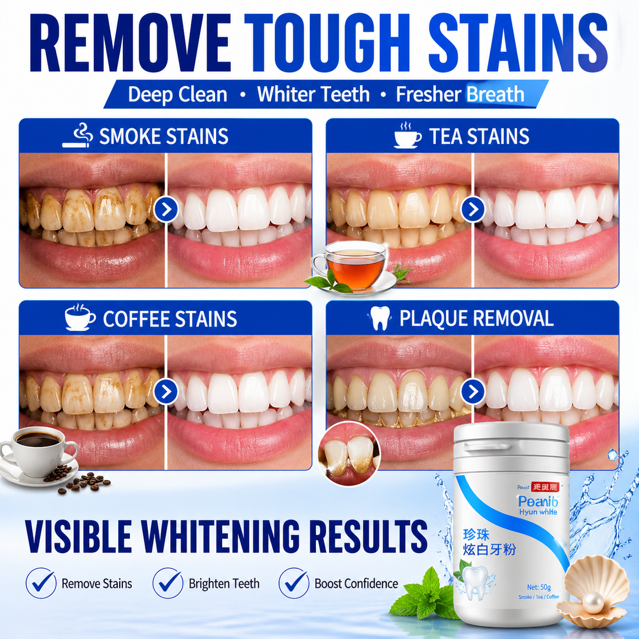 50g Teeth Whitening Powder Remove Plaque Smoke Tea Coffee Stains Tooth Cleaning Powder Fresh Breath Oral Care Tooth Polish Whitener Dental Cleaning Powder for Yellow Teeth Stain Removal Tool