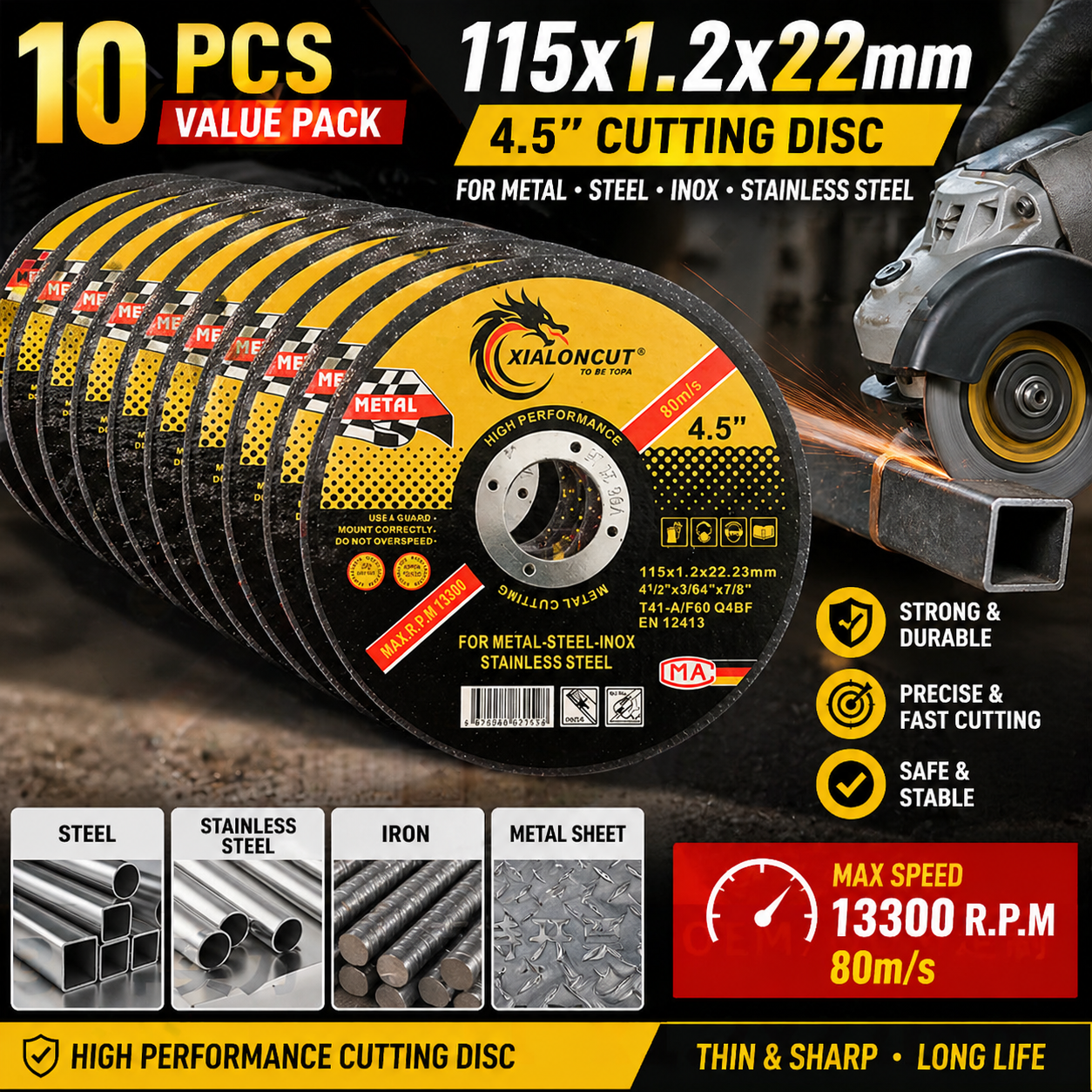 10Pcs 4.5 Inch Cut Off Wheel Angle Grinder Cutting Discs for Metal Stainless Steel, 115x1.2x22mm Thin Grinding Wheels, 13300RPM Fast Sharp Cutting Disc for Iron Steel Sheet DIY Power Tool