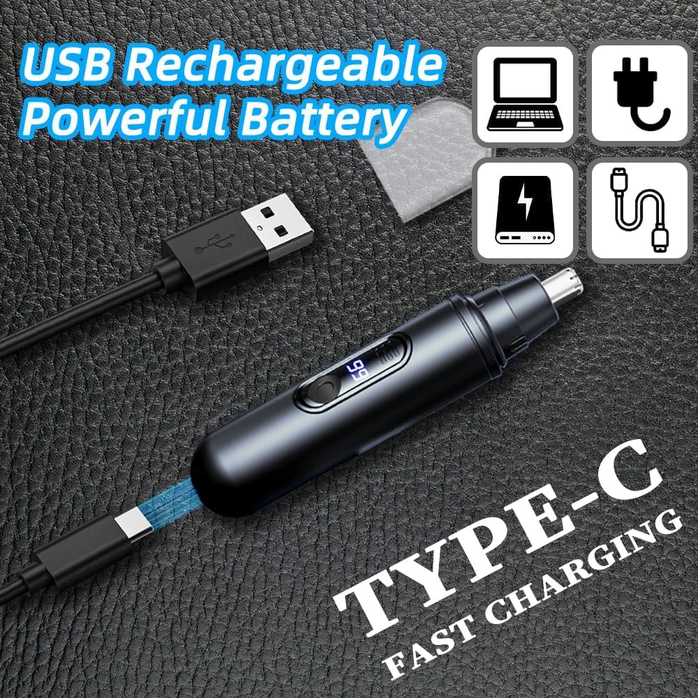 USB Rechargeable Nose Hair Trimmer for Men Women with LED Display Ear Nose Trimmer Clipper IPX7 Waterproof Dual Edge Blades Safe Painless Grooming Tool Easy Cleaning Portable Remover Kit