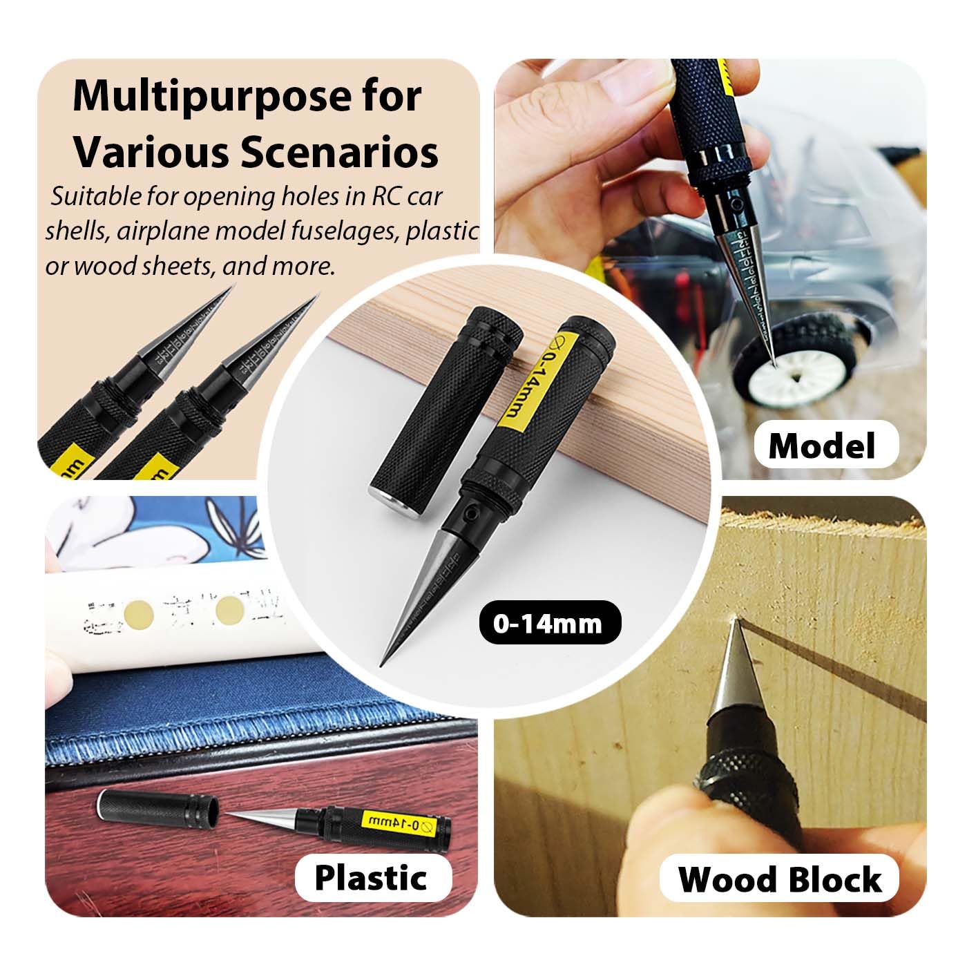 0-14mm RC Body Reamer Hole Punch Tool with Precision Scale Aluminum Expanding Hole Opener for RC Car Shell Plastic Sheet Aircraft Model DIY Drilling Repair Hand Tool Accessories