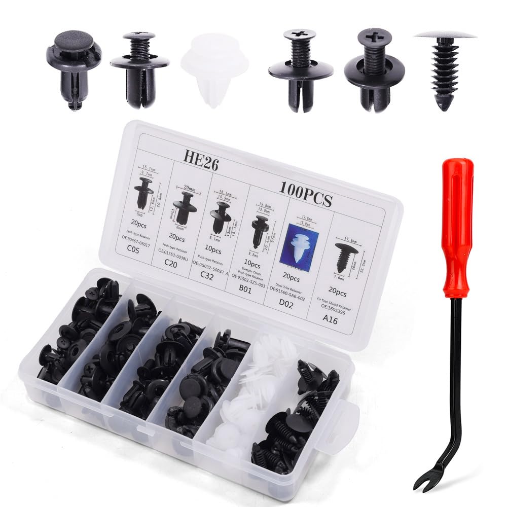100Pcs Car Bumper Retainer Clips Push Pin Rivets Fasteners Kit with Fastener Remover, Auto Door Trim Panel Fender Plastic Clips Assortment for Most Cars Truck Repair Accessories