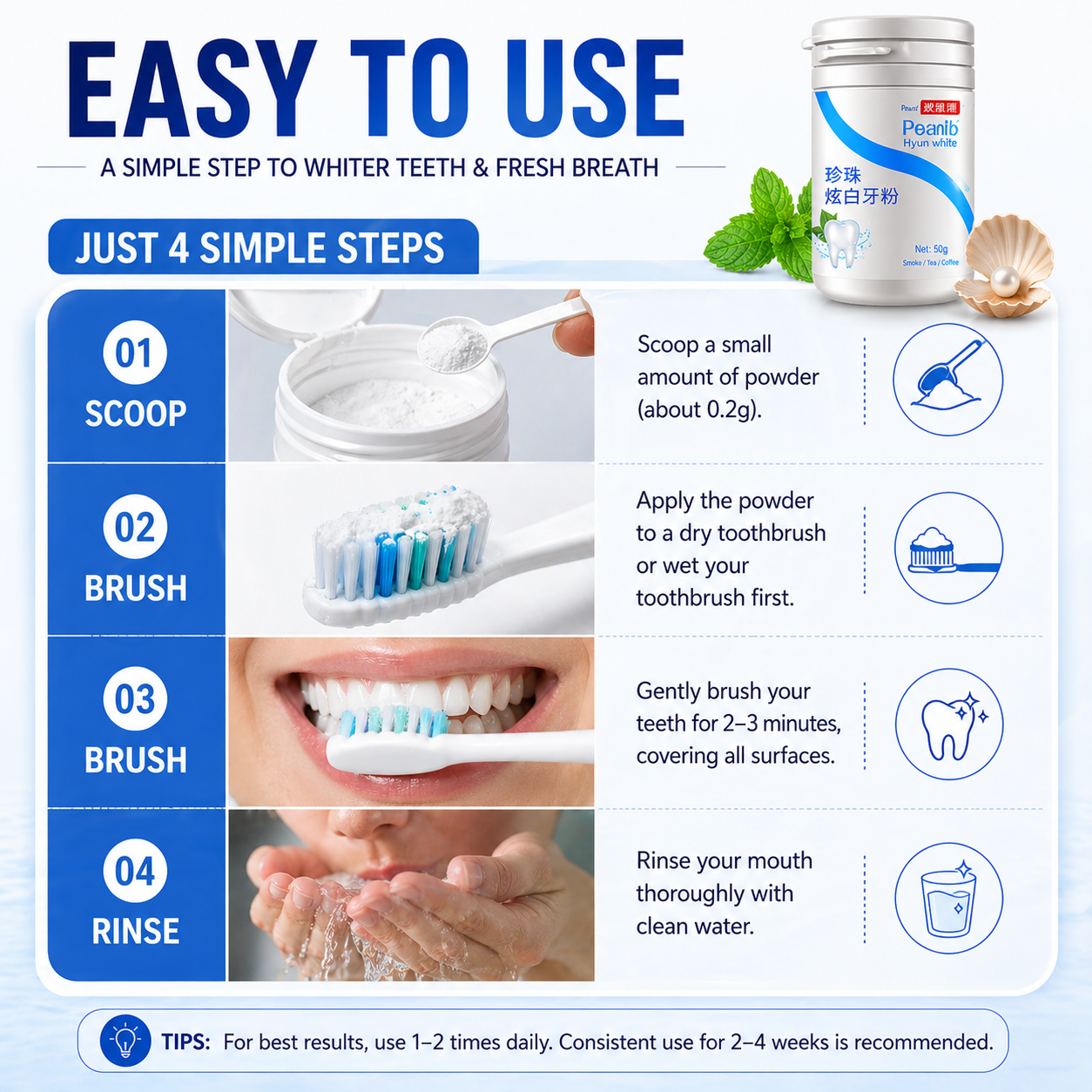 50g Teeth Whitening Powder Remove Plaque Smoke Tea Coffee Stains Tooth Cleaning Powder Fresh Breath Oral Care Tooth Polish Whitener Dental Cleaning Powder for Yellow Teeth Stain Removal Tool