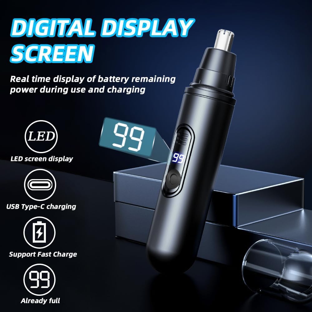 USB Rechargeable Nose Hair Trimmer for Men Women with LED Display Ear Nose Trimmer Clipper IPX7 Waterproof Dual Edge Blades Safe Painless Grooming Tool Easy Cleaning Portable Remover Kit