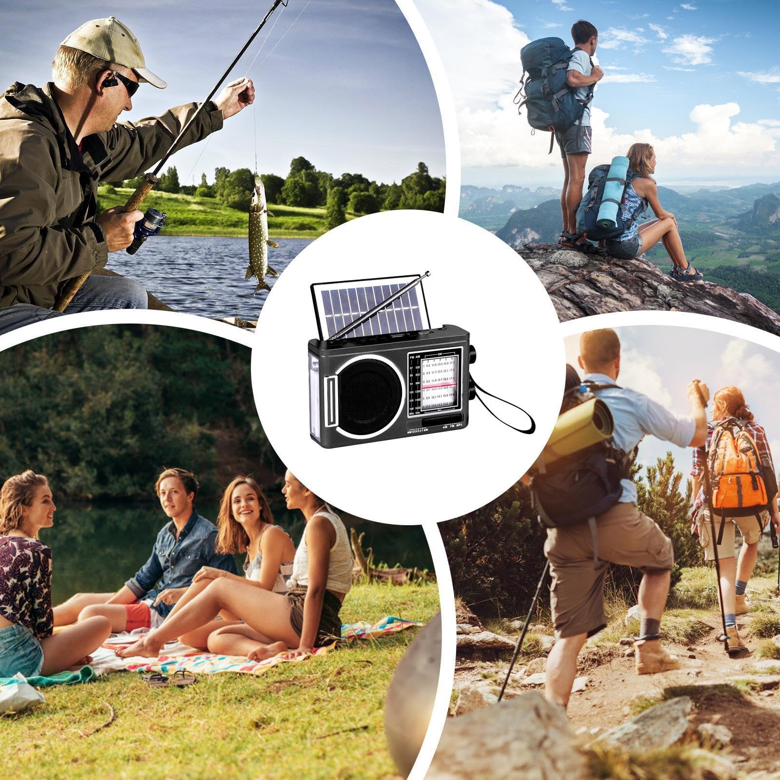 Solar FM Radio Bluetooth Speaker MP3 Player with LED Flashlight, Rechargeable Audio Player, USB TF Card Support, Loud Sound, Long Battery Life for Camping, Travel, Outdoor, Home and Emergency Use