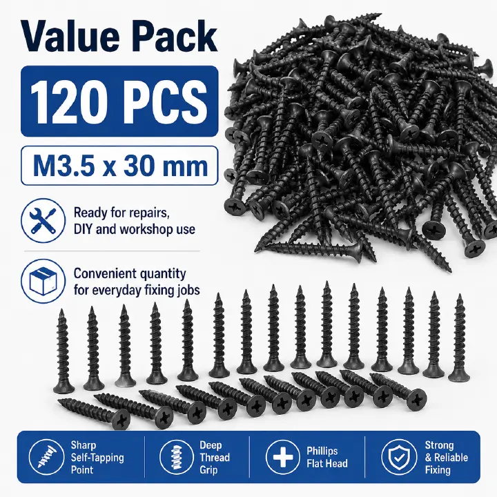 120 Pcs Black Drywall Screws M3.5 x 30mm, Phillips Flat Head Self Tapping Wood Screws with Deep Thread Grip for Gypsum Board, Furniture Repair, DIY, Carpentry, Home and Workshop Use
