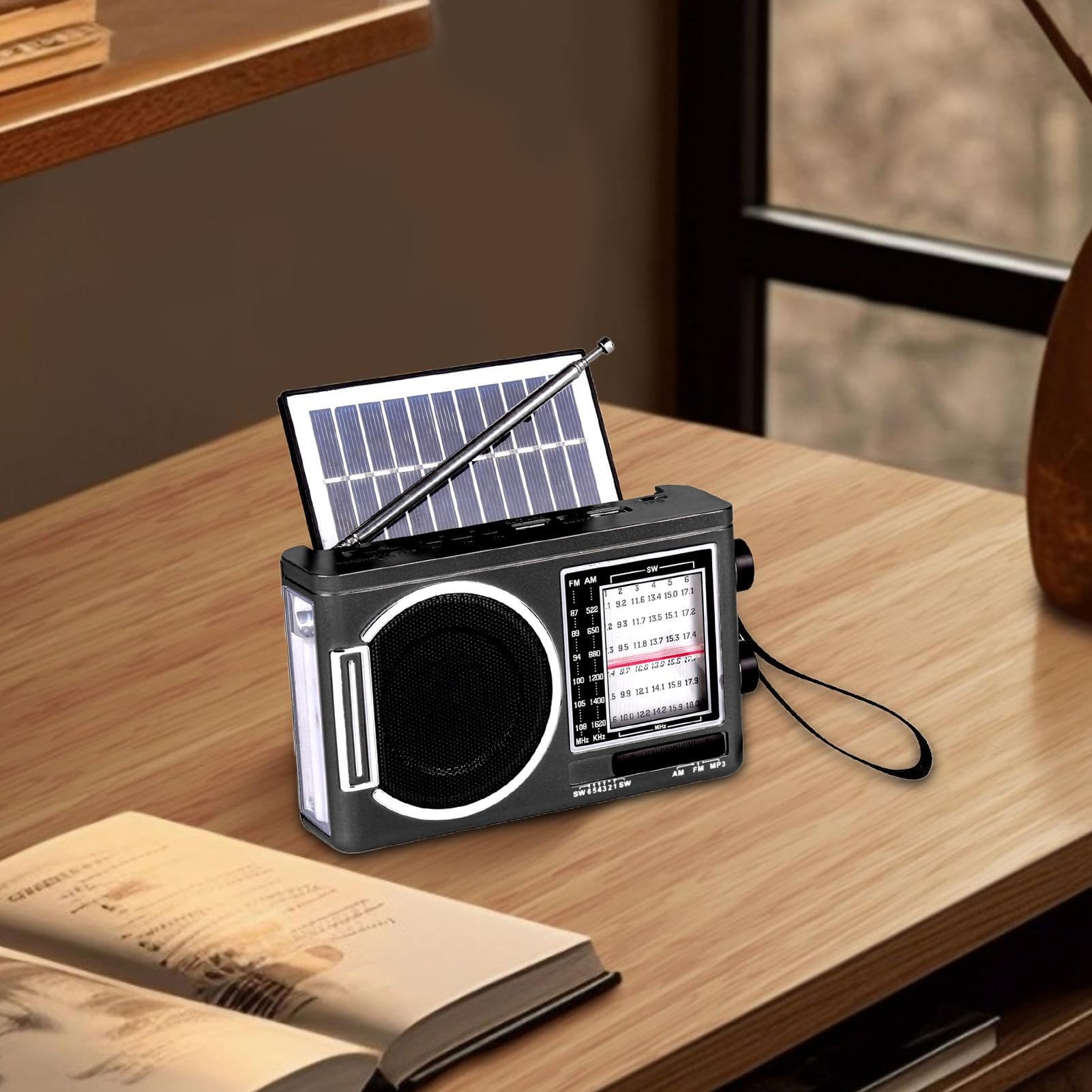 Solar FM Radio Bluetooth Speaker MP3 Player with LED Flashlight, Rechargeable Audio Player, USB TF Card Support, Loud Sound, Long Battery Life for Camping, Travel, Outdoor, Home and Emergency Use