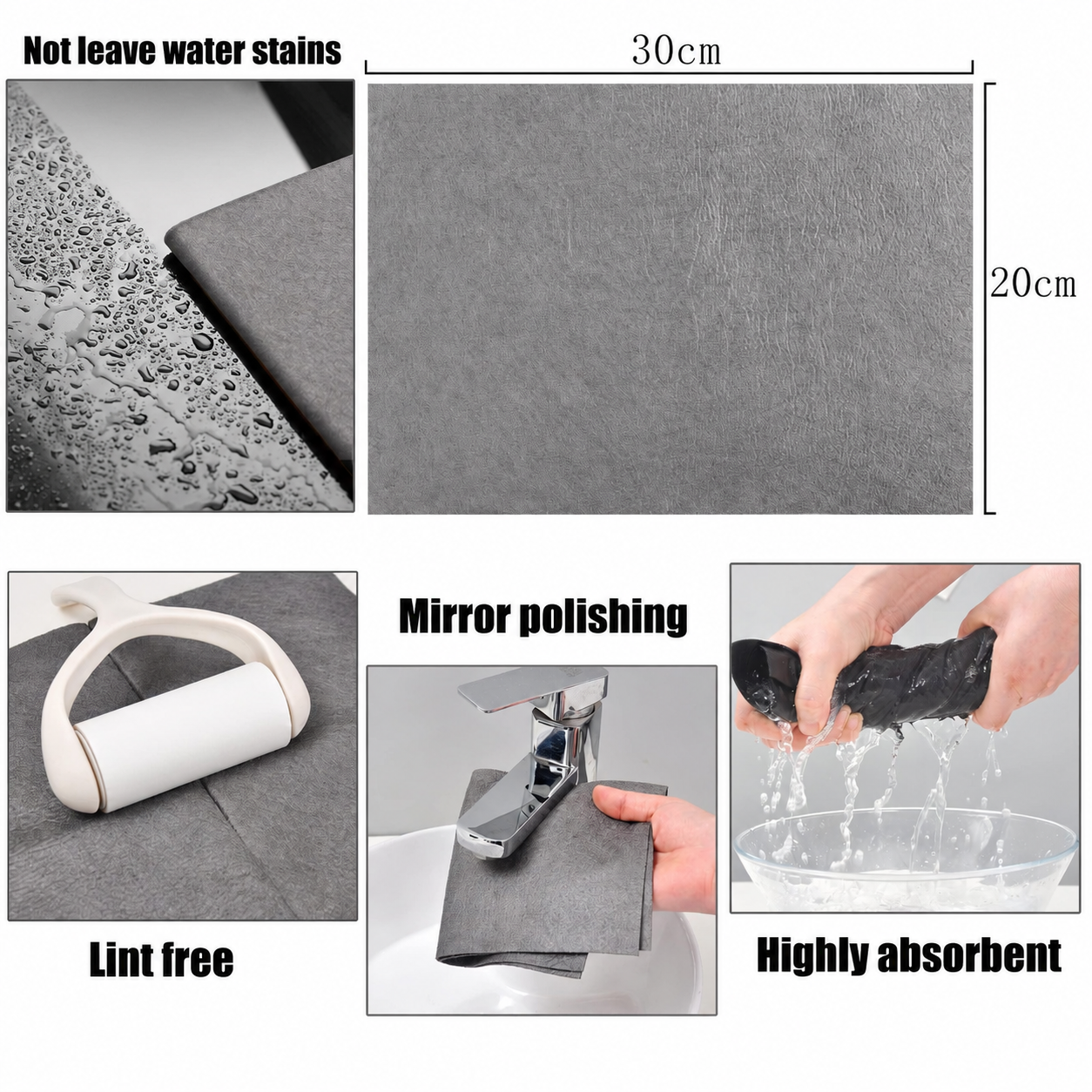 5Pcs Grey Microfiber Cleaning Cloths, Super Absorbent Lint Free Towels for Glass, Mirrors, Car, Kitchen, Windows and Office, Soft Reusable Streak Free Wiping Cloths 30x20cm for Daily Home Use