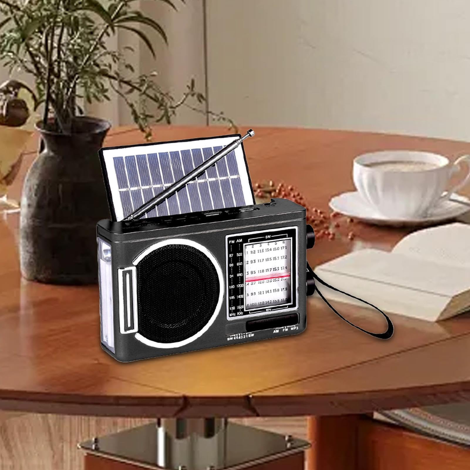 Solar FM Radio Bluetooth Speaker MP3 Player with LED Flashlight, Rechargeable Audio Player, USB TF Card Support, Loud Sound, Long Battery Life for Camping, Travel, Outdoor, Home and Emergency Use