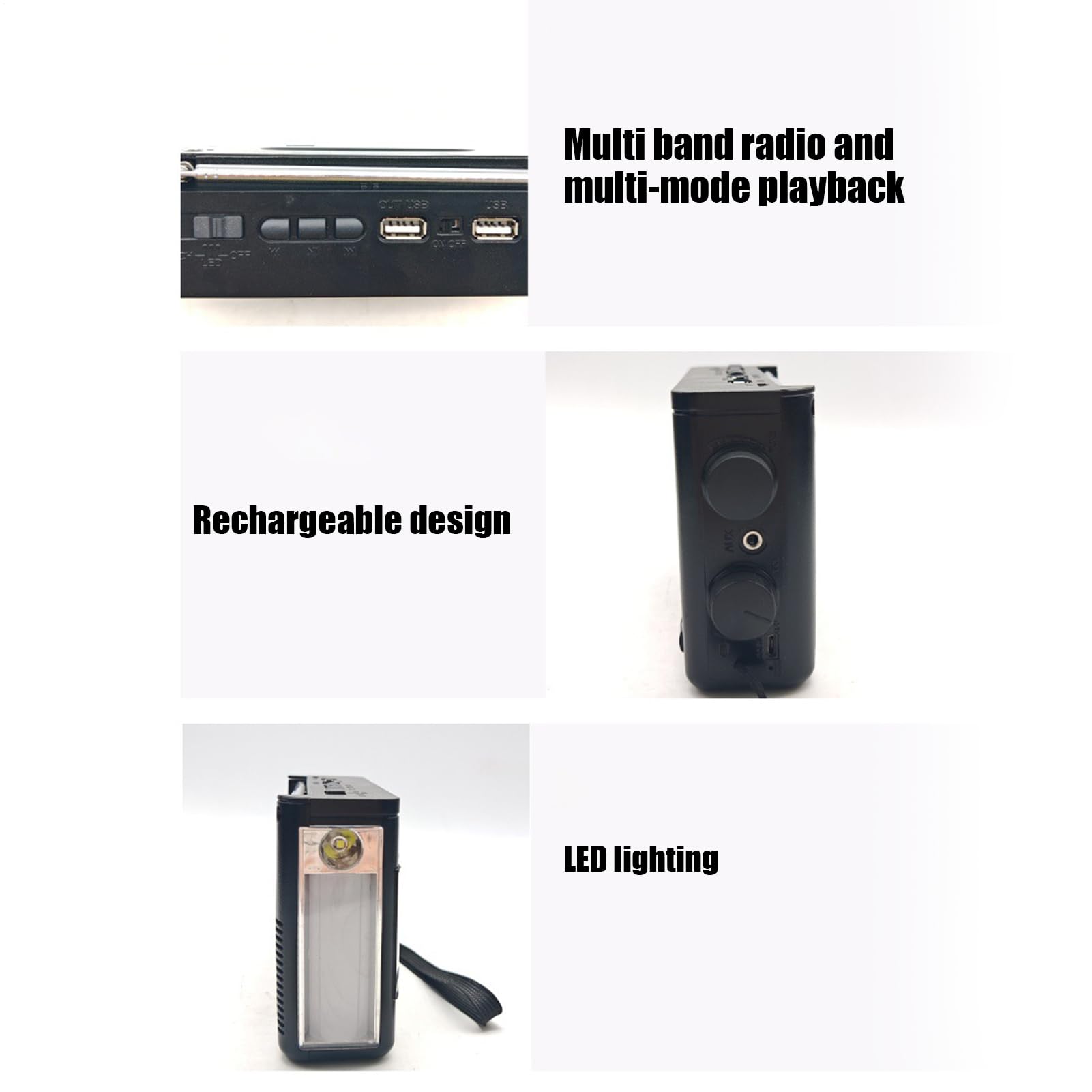 Solar FM Radio Bluetooth Speaker MP3 Player with LED Flashlight, Rechargeable Audio Player, USB TF Card Support, Loud Sound, Long Battery Life for Camping, Travel, Outdoor, Home and Emergency Use