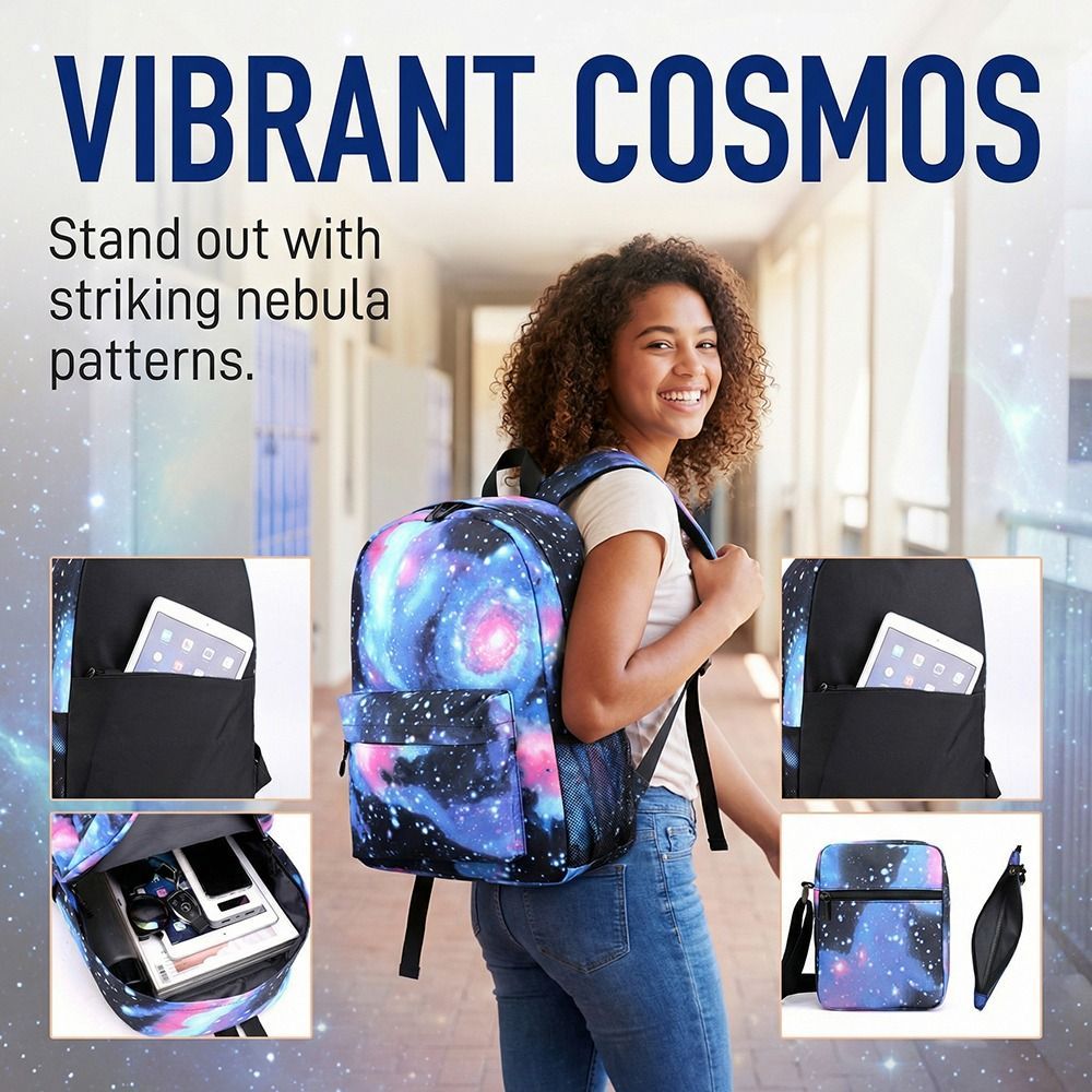 3PCS Galaxy School Backpack Set for Boys and Girls, Large Capacity Student Bookbag with Shoulder Bag and Pencil Case, Lightweight School Bag for Primary, Secondary School, Travel and Daily Use