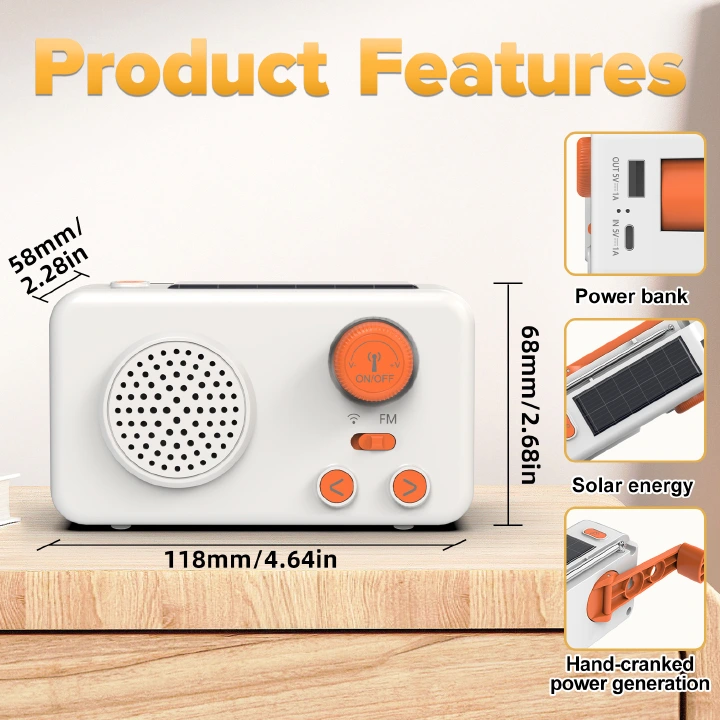 Solar Emergency Radio with Power Bank, Hand Crank Generator and LED Flashlight, Portable FM Radio with Solar Charging, Rechargeable Radio for Camping, Travel, Outdoor Survival and Disaster Preparednes