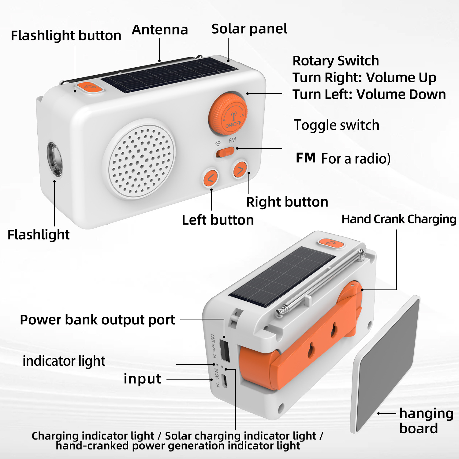 Solar Emergency Radio with Power Bank, Hand Crank Generator and LED Flashlight, Portable FM Radio with Solar Charging, Rechargeable Radio for Camping, Travel, Outdoor Survival and Disaster Preparednes