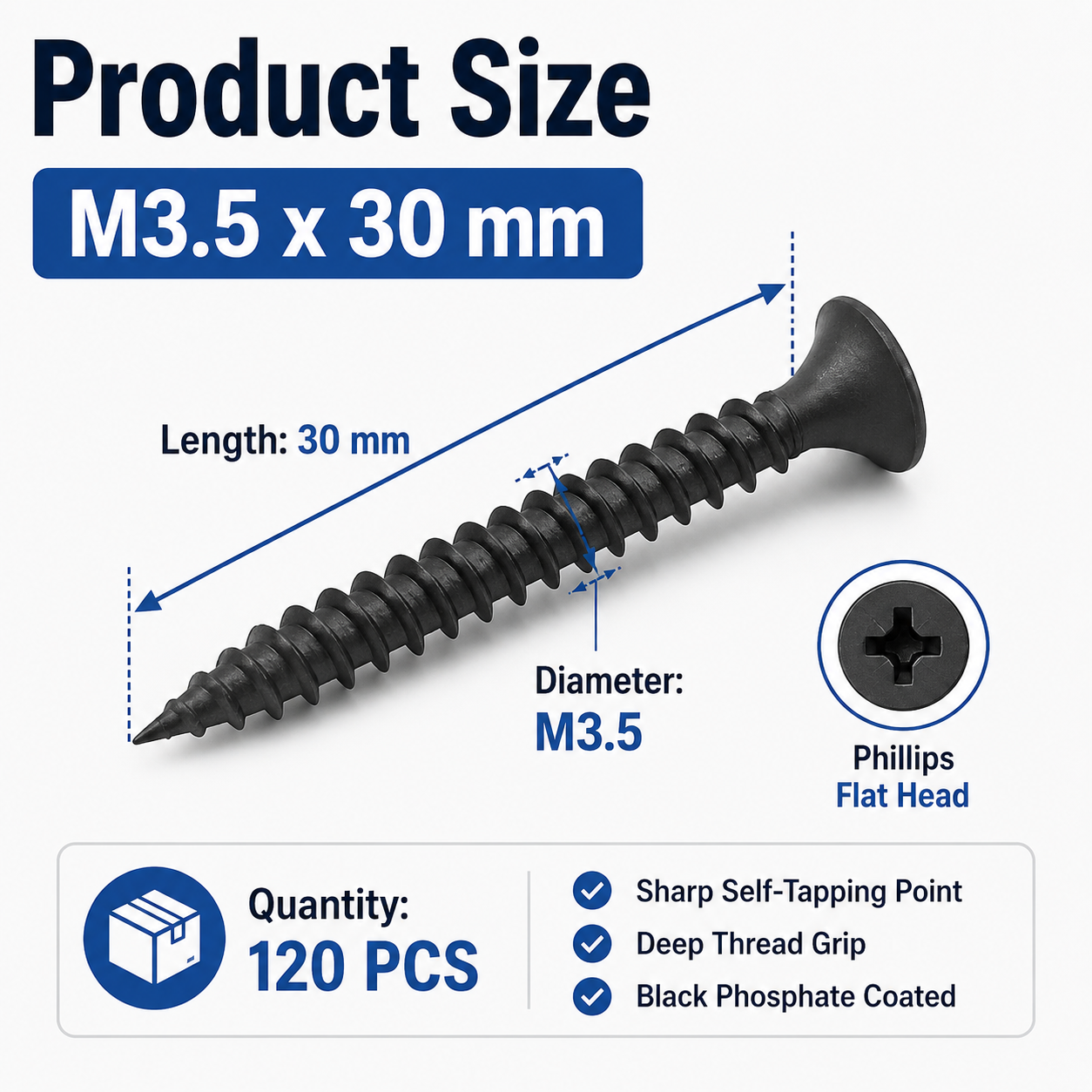120 Pcs Black Drywall Screws M3.5 x 30mm, Phillips Flat Head Self Tapping Wood Screws with Deep Thread Grip for Gypsum Board, Furniture Repair, DIY, Carpentry, Home and Workshop Use