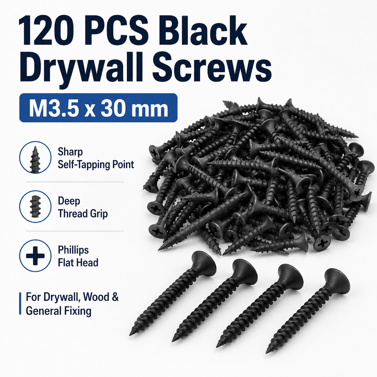 120 Pcs Black Drywall Screws M3.5 x 30mm, Phillips Flat Head Self Tapping Wood Screws with Deep Thread Grip for Gypsum Board, Furniture Repair, DIY, Carpentry, Home and Workshop Use