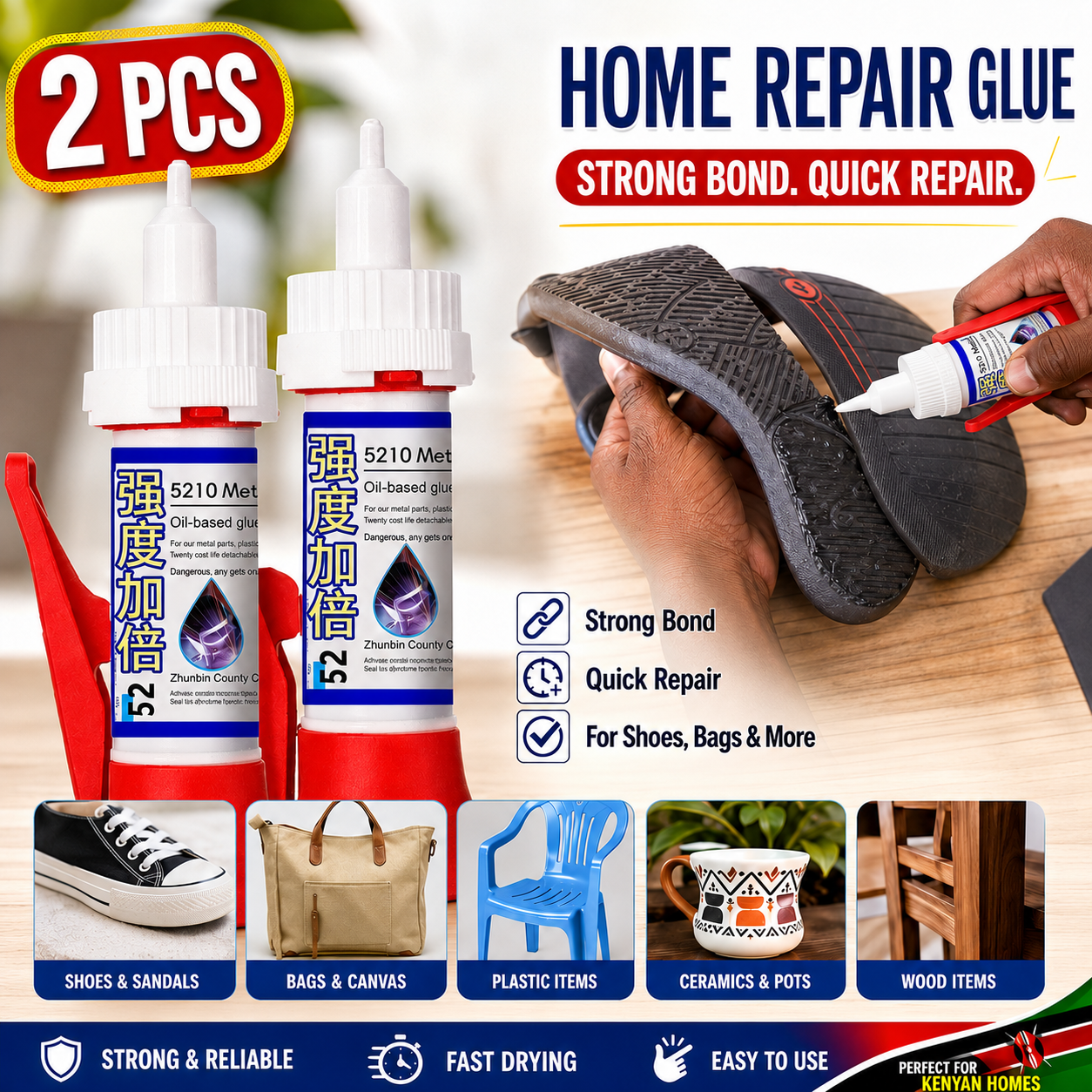 2 Pcs 50ml Each Strong Bond Home Repair Glue, Total 100ml Quick Dry Multi-Purpose Adhesive for Shoes, Sandals, Slippers, Bags, Plastic, Leather, Ceramics and Wood