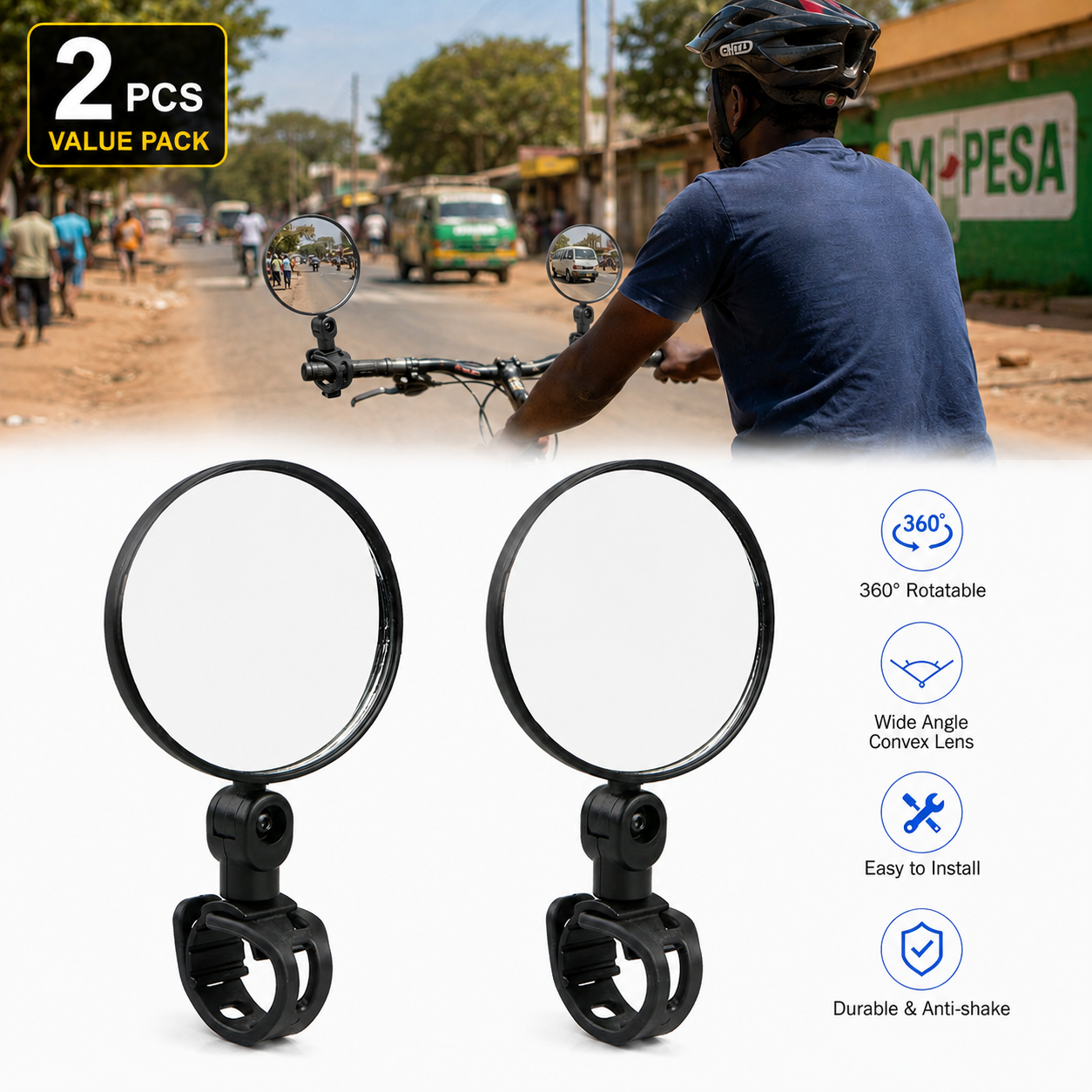 Electric Bike Rear View Mirrors 2PCS 360° Rotatable Wide Angle Convex Mirrors for E-Bike Bicycle Scooter MTB Commuter Bike Handlebar Safety Rearview Mirror Easy Installation Shockproof Accessories