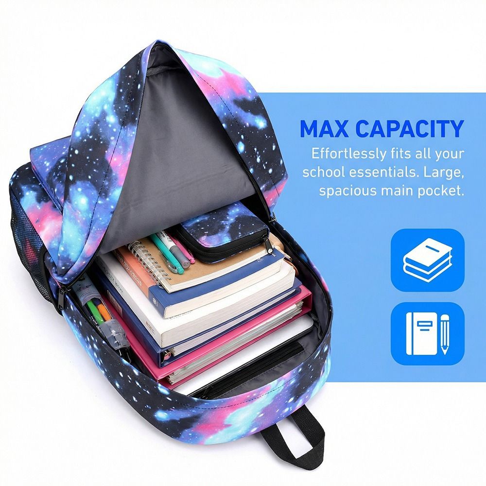 3PCS Galaxy School Backpack Set for Boys and Girls, Large Capacity Student Bookbag with Shoulder Bag and Pencil Case, Lightweight School Bag for Primary, Secondary School, Travel and Daily Use