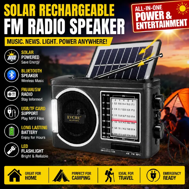 Solar FM Radio Bluetooth Speaker MP3 Player with LED Flashlight, Rechargeable Audio Player, USB TF Card Support, Loud Sound, Long Battery Life for Camping, Travel, Outdoor, Home and Emergency Use