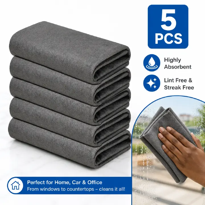 5Pcs Grey Microfiber Cleaning Cloths, Super Absorbent Lint Free Towels for Glass, Mirrors, Car, Kitchen, Windows and Office, Soft Reusable Streak Free Wiping Cloths 30x20cm for Daily Home Use