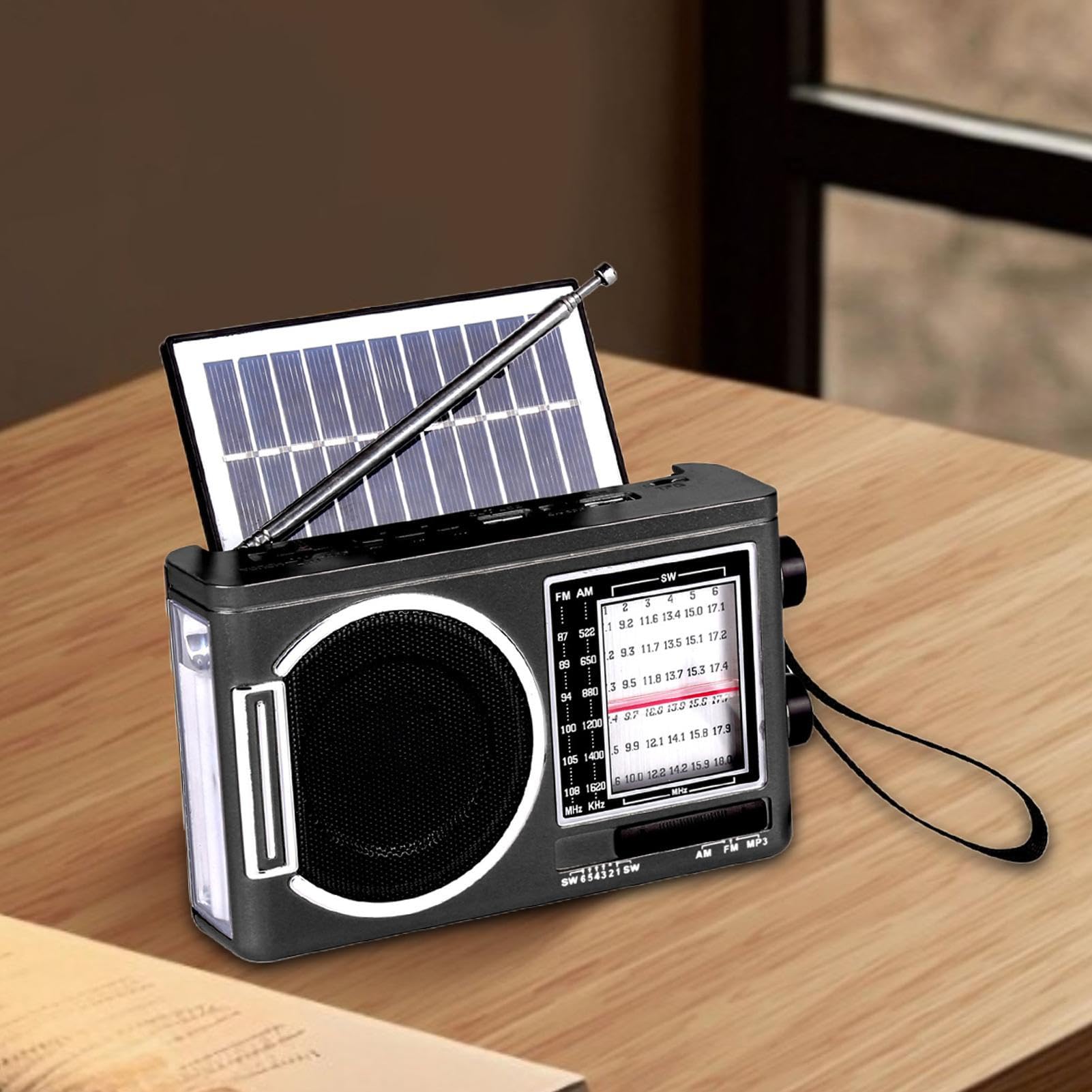 Solar FM Radio Bluetooth Speaker MP3 Player with LED Flashlight, Rechargeable Audio Player, USB TF Card Support, Loud Sound, Long Battery Life for Camping, Travel, Outdoor, Home and Emergency Use