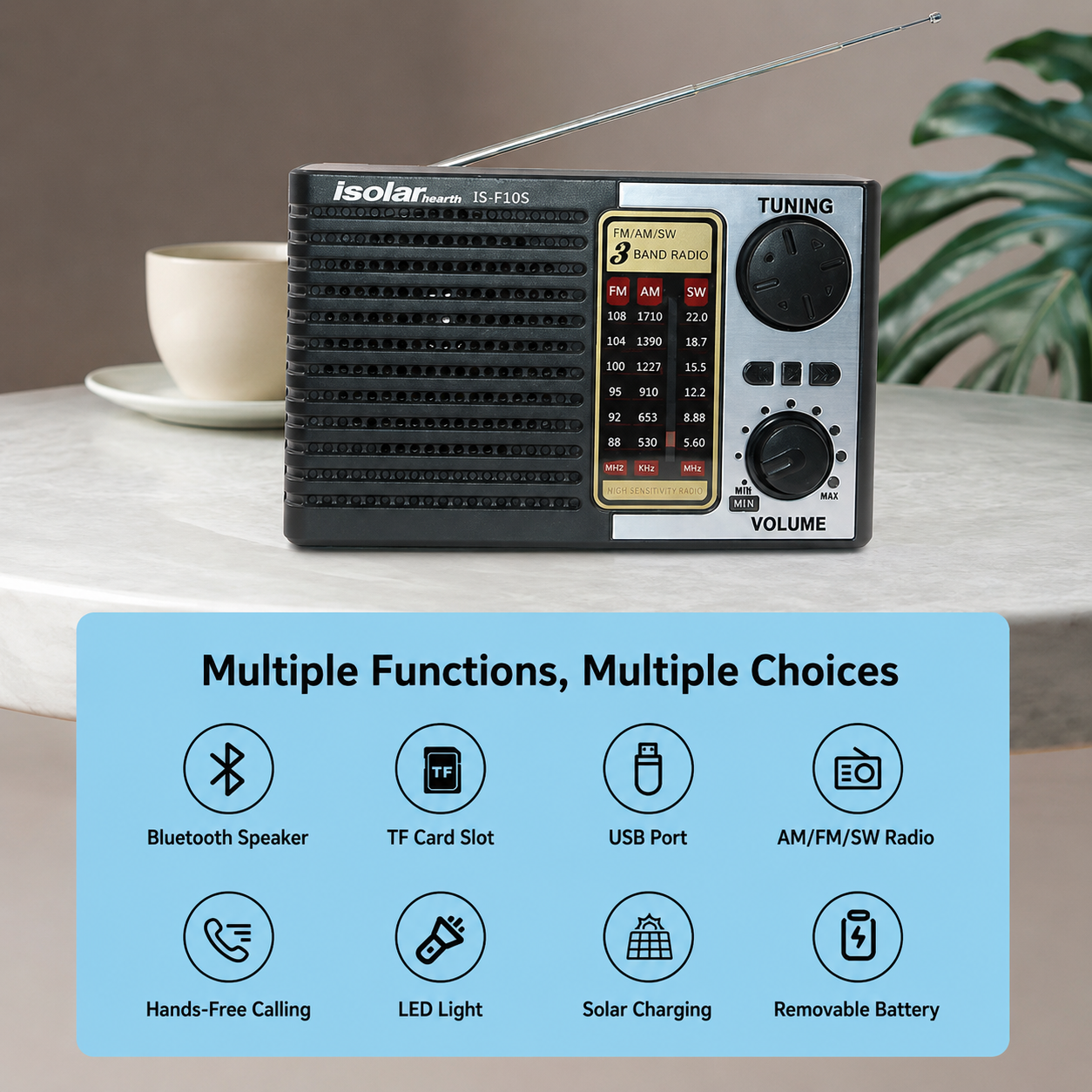 Solar FM Radio Bluetooth Speaker MP3 Player with LED Flashlight, Rechargeable Audio Player, USB TF Card Support, Loud Sound, Long Battery Life for Camping, Travel, Outdoor, Home and Emergency Use