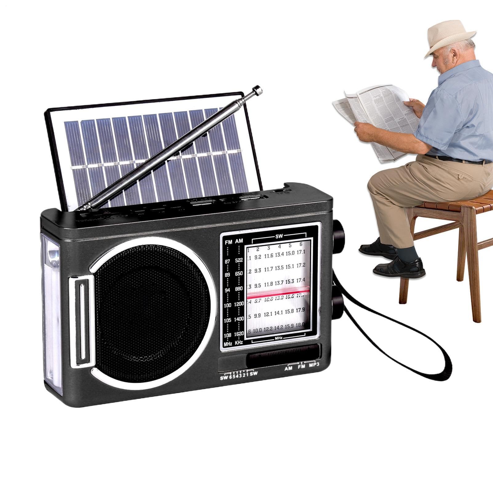 Solar FM Radio Bluetooth Speaker MP3 Player with LED Flashlight, Rechargeable Audio Player, USB TF Card Support, Loud Sound, Long Battery Life for Camping, Travel, Outdoor, Home and Emergency Use