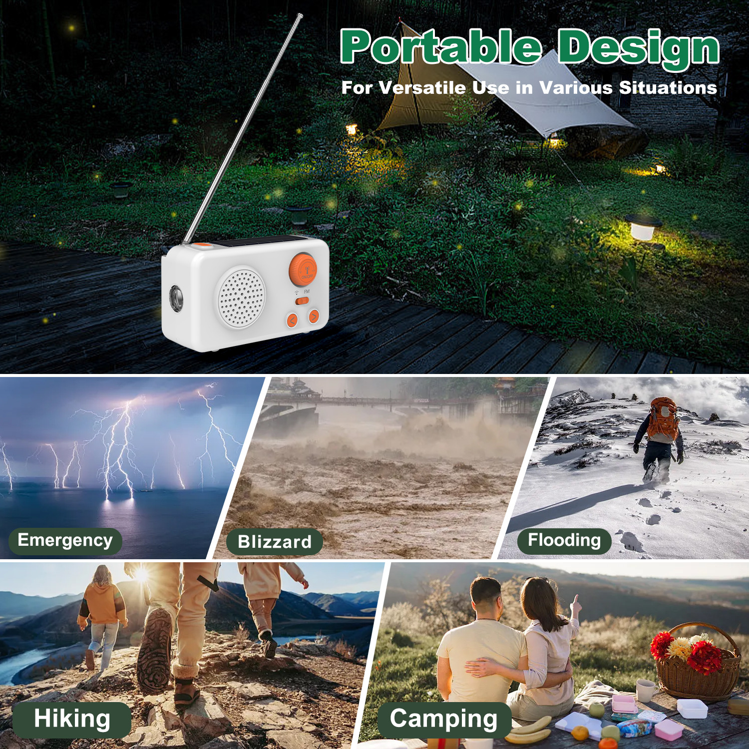 Solar Emergency Radio with Power Bank, Hand Crank Generator and LED Flashlight, Portable FM Radio with Solar Charging, Rechargeable Radio for Camping, Travel, Outdoor Survival and Disaster Preparednes