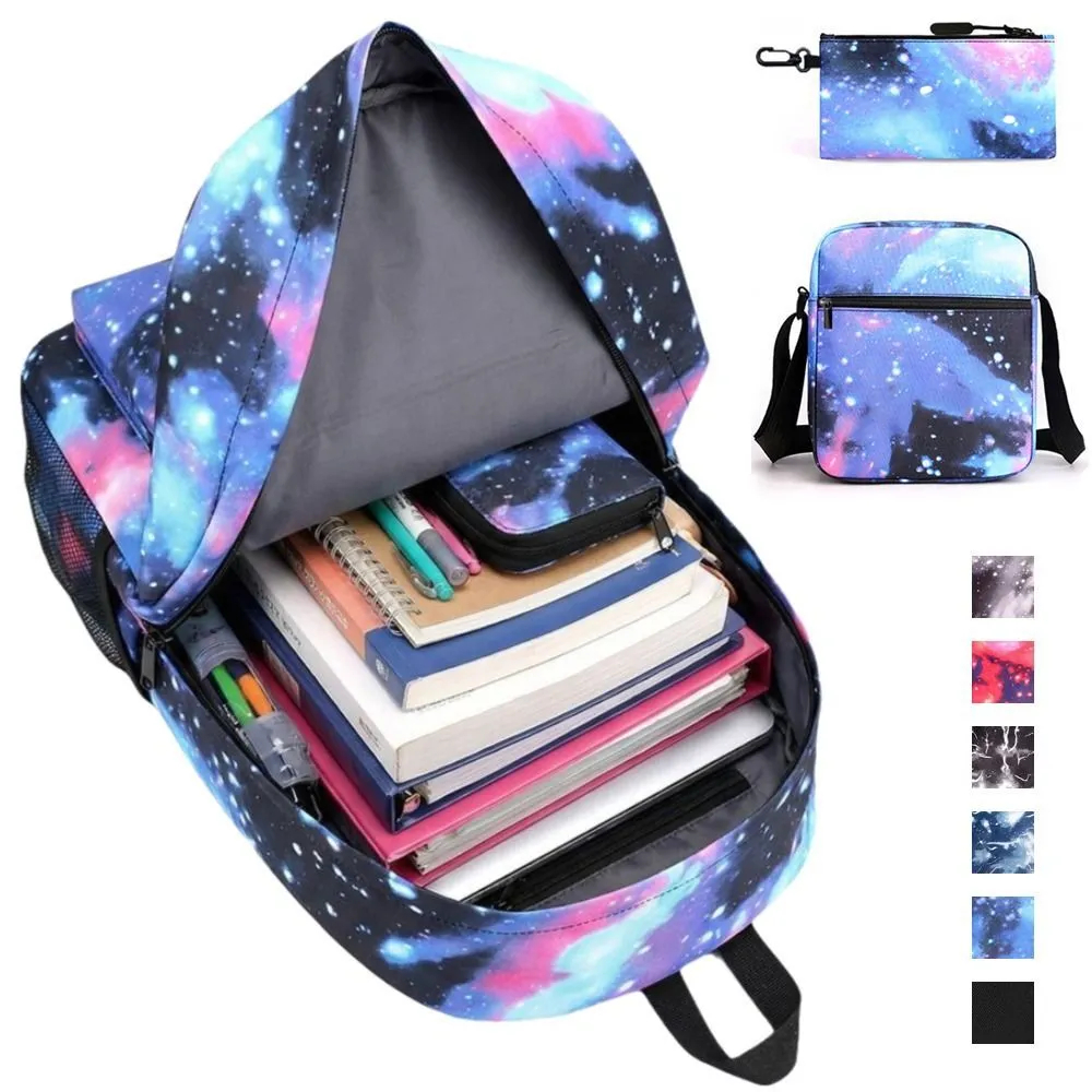 3PCS Galaxy School Backpack Set for Boys and Girls, Large Capacity Student Bookbag with Shoulder Bag and Pencil Case, Lightweight School Bag for Primary, Secondary School, Travel and Daily Use