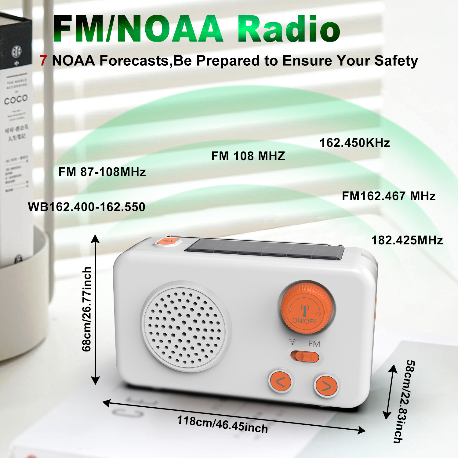 Solar Emergency Radio with Power Bank, Hand Crank Generator and LED Flashlight, Portable FM Radio with Solar Charging, Rechargeable Radio for Camping, Travel, Outdoor Survival and Disaster Preparednes