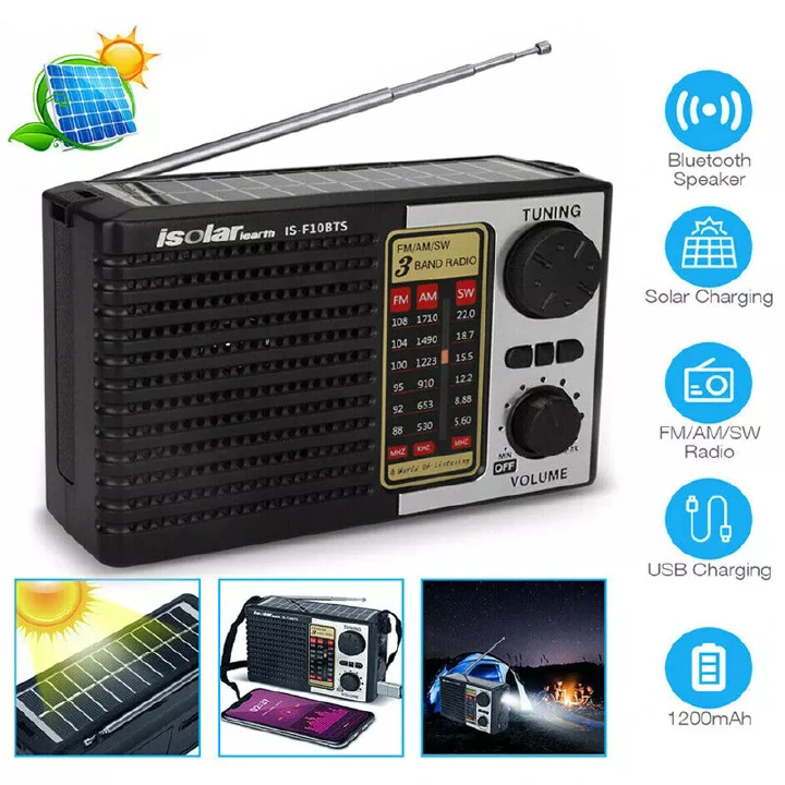Solar FM Radio Bluetooth Speaker MP3 Player with LED Flashlight, Rechargeable Audio Player, USB TF Card Support, Loud Sound, Long Battery Life for Camping, Travel, Outdoor, Home and Emergency Use