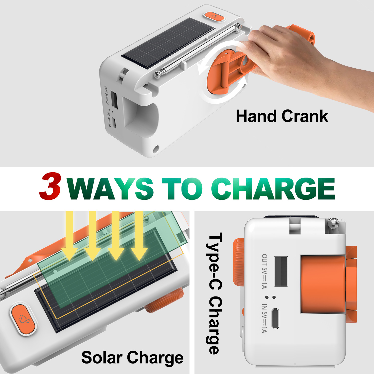 Solar Emergency Radio with Power Bank, Hand Crank Generator and LED Flashlight, Portable FM Radio with Solar Charging, Rechargeable Radio for Camping, Travel, Outdoor Survival and Disaster Preparednes