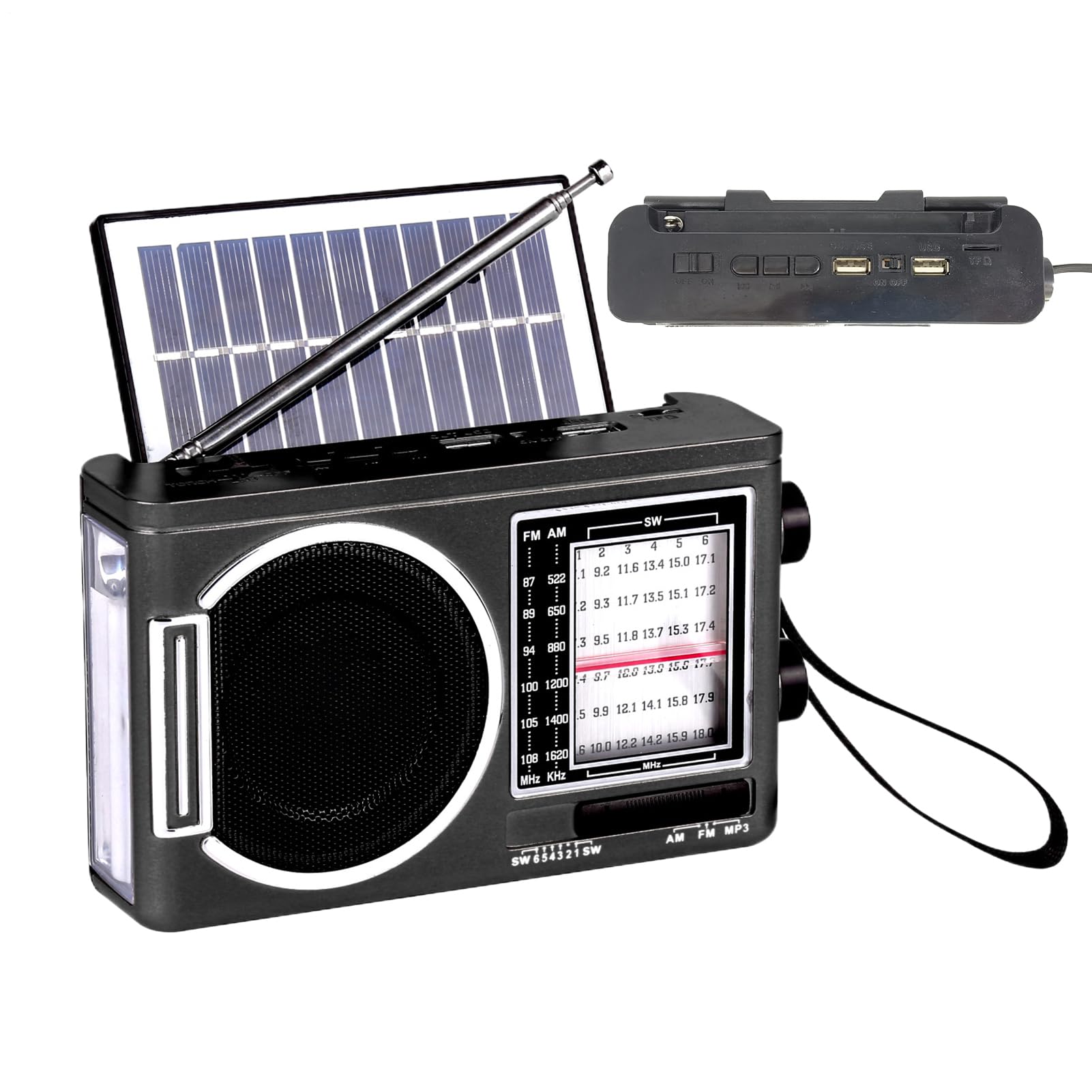 Solar FM Radio Bluetooth Speaker MP3 Player with LED Flashlight, Rechargeable Audio Player, USB TF Card Support, Loud Sound, Long Battery Life for Camping, Travel, Outdoor, Home and Emergency Use