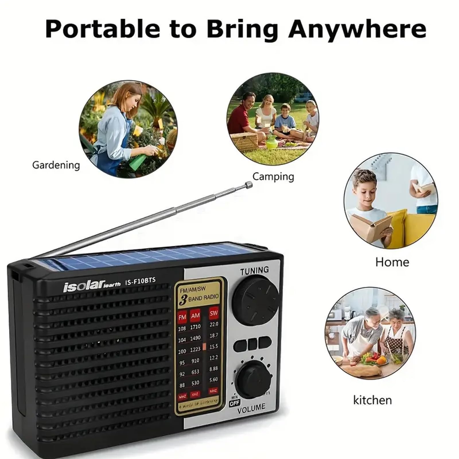 Solar FM Radio Bluetooth Speaker MP3 Player with LED Flashlight, Rechargeable Audio Player, USB TF Card Support, Loud Sound, Long Battery Life for Camping, Travel, Outdoor, Home and Emergency Use