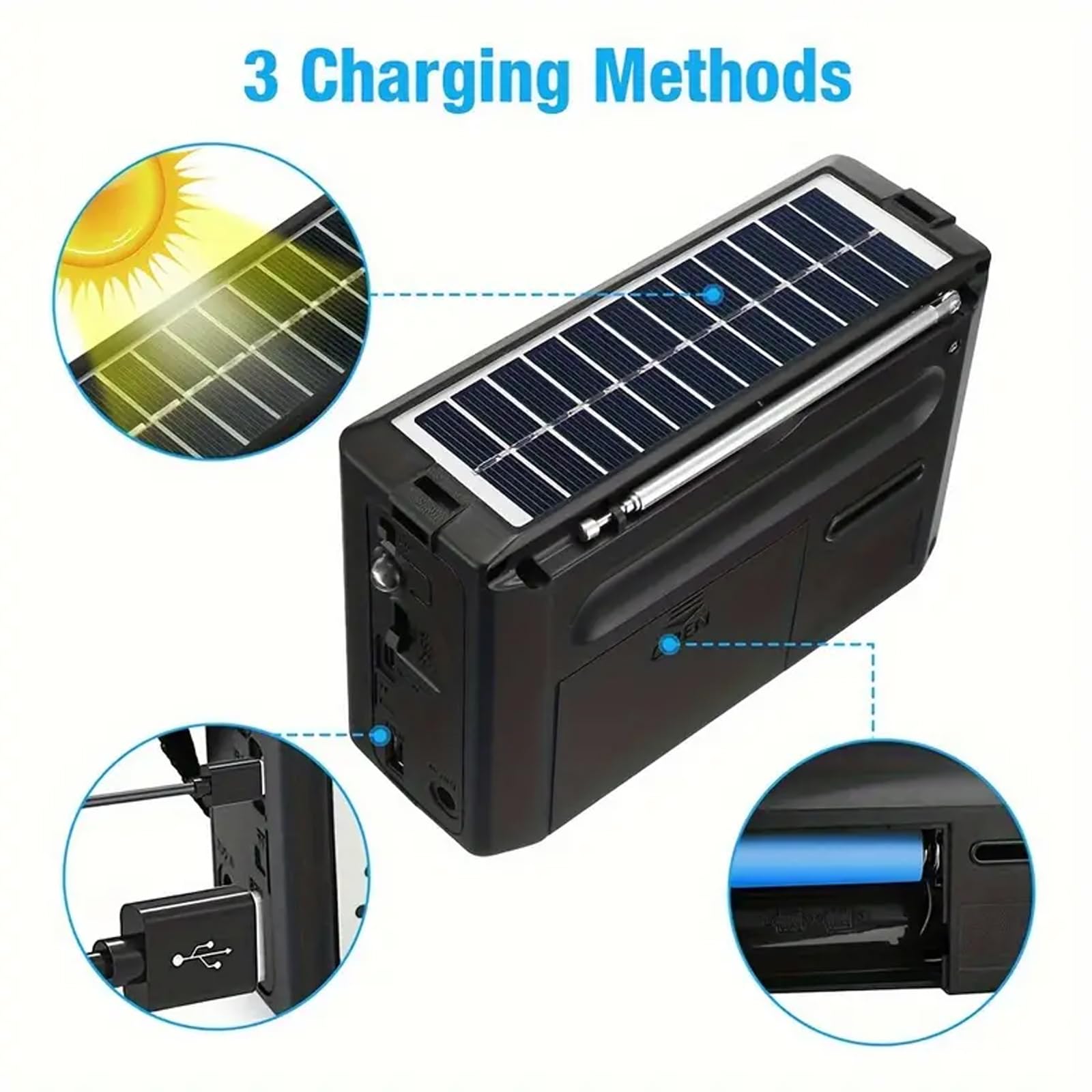 Solar FM Radio Bluetooth Speaker MP3 Player with LED Flashlight, Rechargeable Audio Player, USB TF Card Support, Loud Sound, Long Battery Life for Camping, Travel, Outdoor, Home and Emergency Use