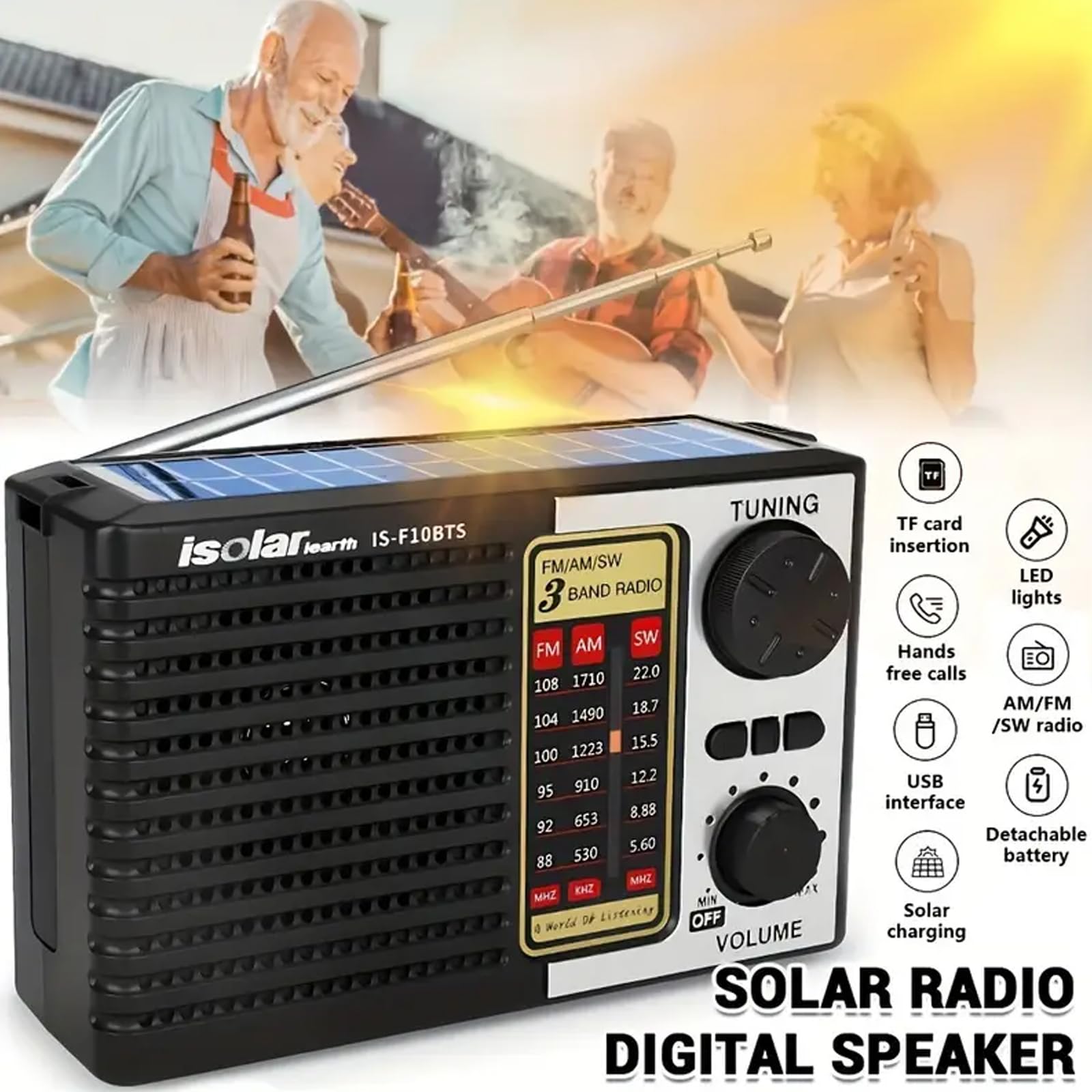 Solar FM Radio Bluetooth Speaker MP3 Player with LED Flashlight, Rechargeable Audio Player, USB TF Card Support, Loud Sound, Long Battery Life for Camping, Travel, Outdoor, Home and Emergency Use