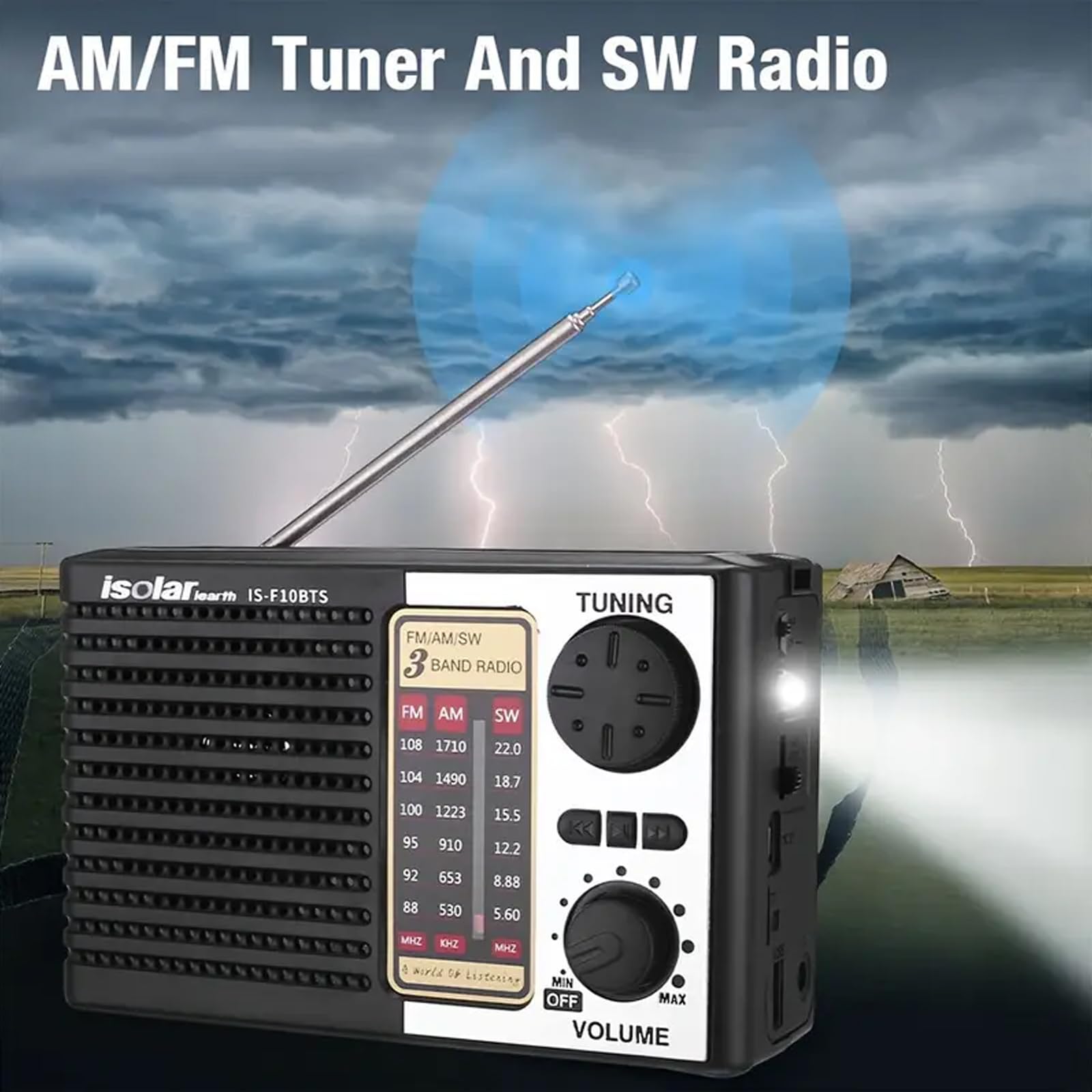 Solar FM Radio Bluetooth Speaker MP3 Player with LED Flashlight, Rechargeable Audio Player, USB TF Card Support, Loud Sound, Long Battery Life for Camping, Travel, Outdoor, Home and Emergency Use