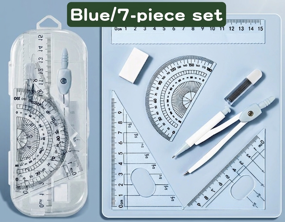 7PCS Mathematical Geometry Set with Compass and Protractor, Complete Student Drawing Kit Including Rulers, Eraser and Pencil Leads, Ideal School Supplies for Math, Exams and Technical Drawing